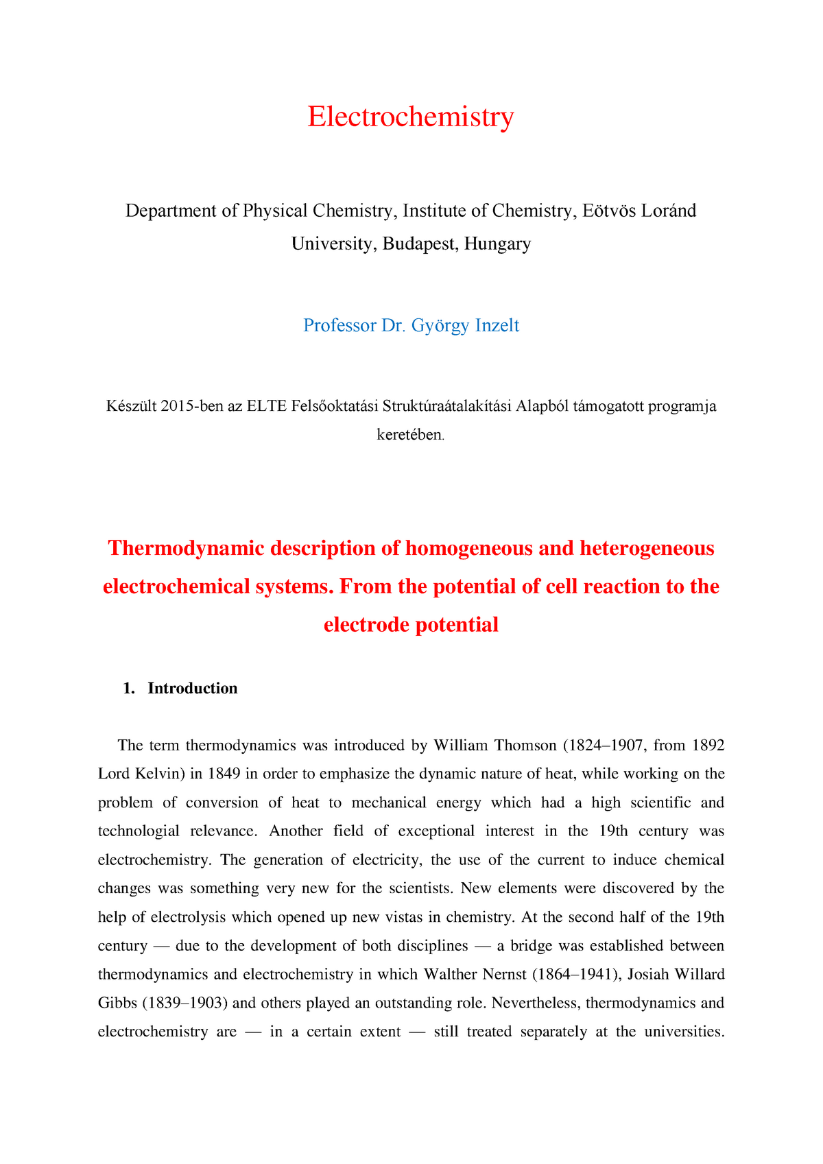 Electrochemical Thermodynamics - Electrochemistry Department Of ...