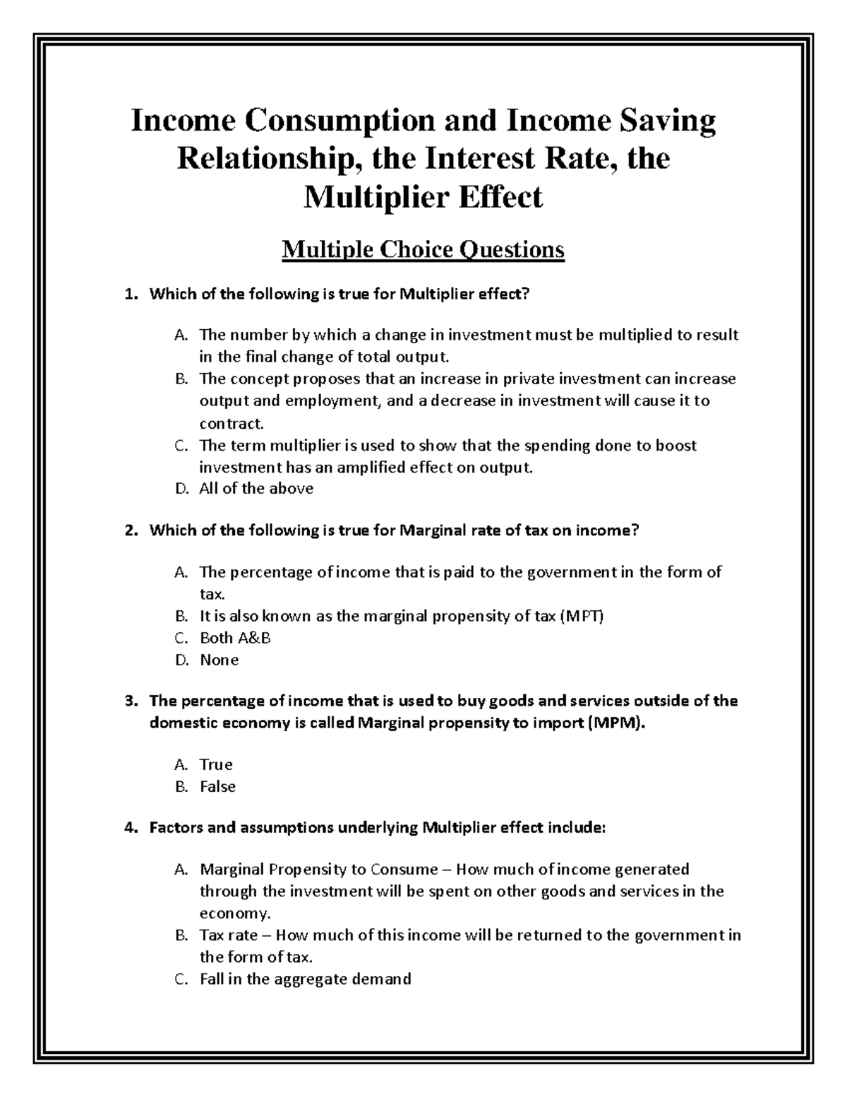 MCQs - Income Consumption and Income Saving Relationship, the Interest ...