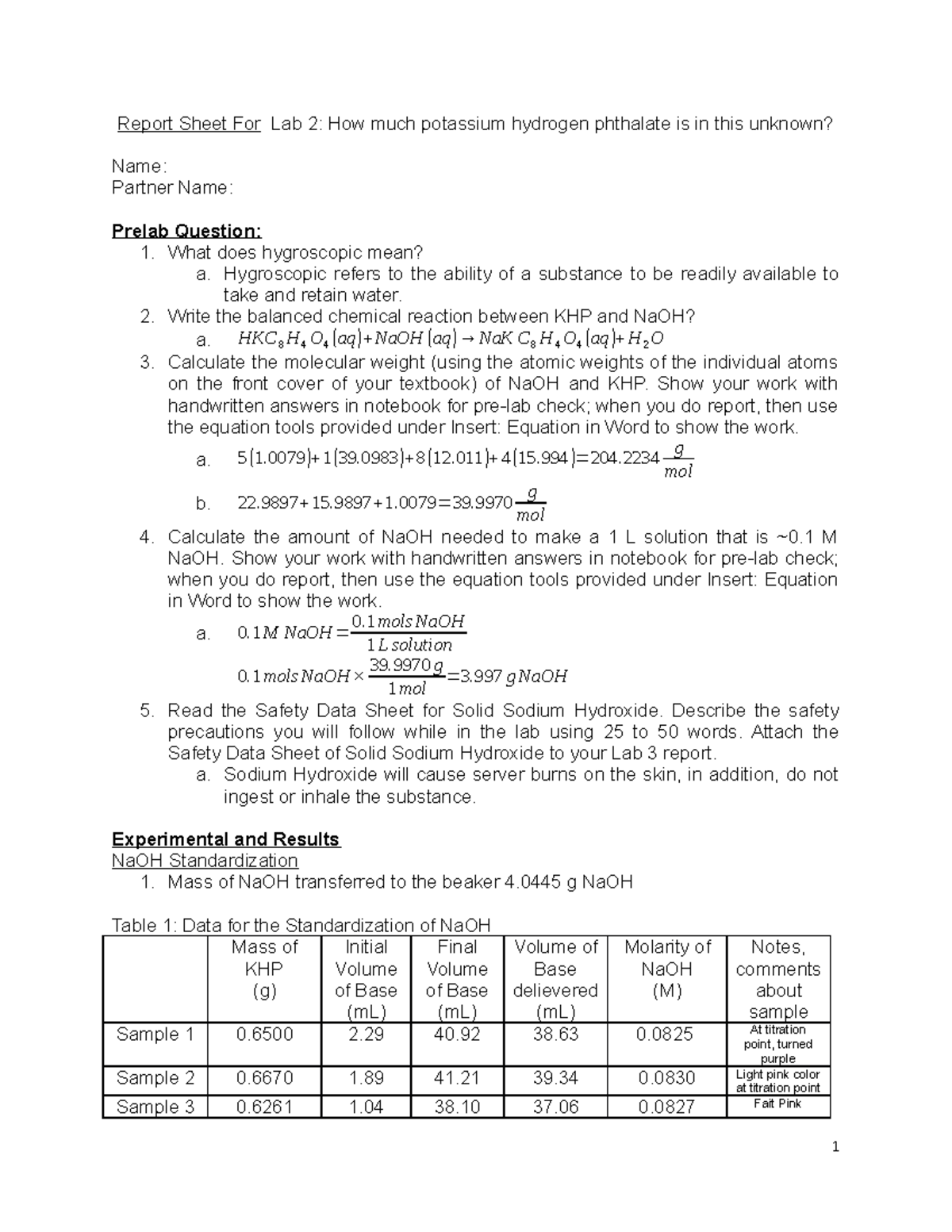 Lab 2 report sheet How much potassium hydrogen phthalate is in this ...