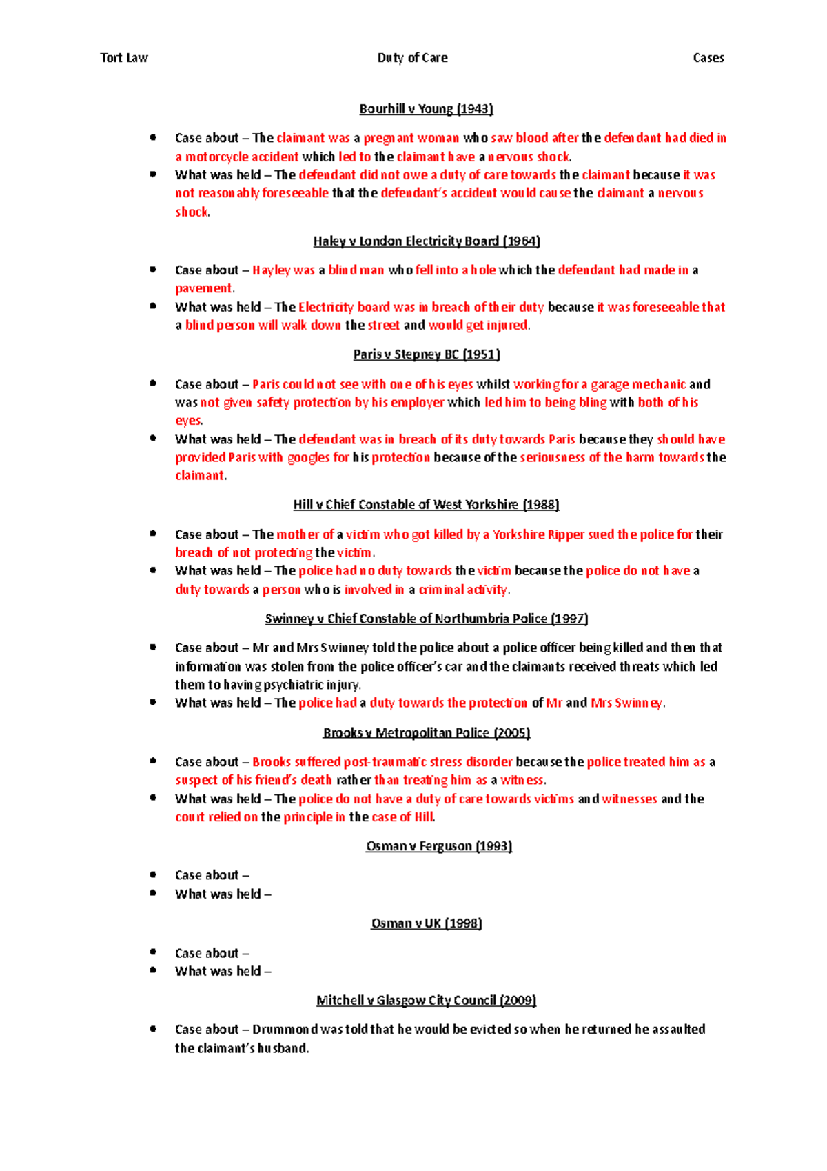 Cases Tort law Tort Law Duty of Care Cases Bourhill v Young (1943