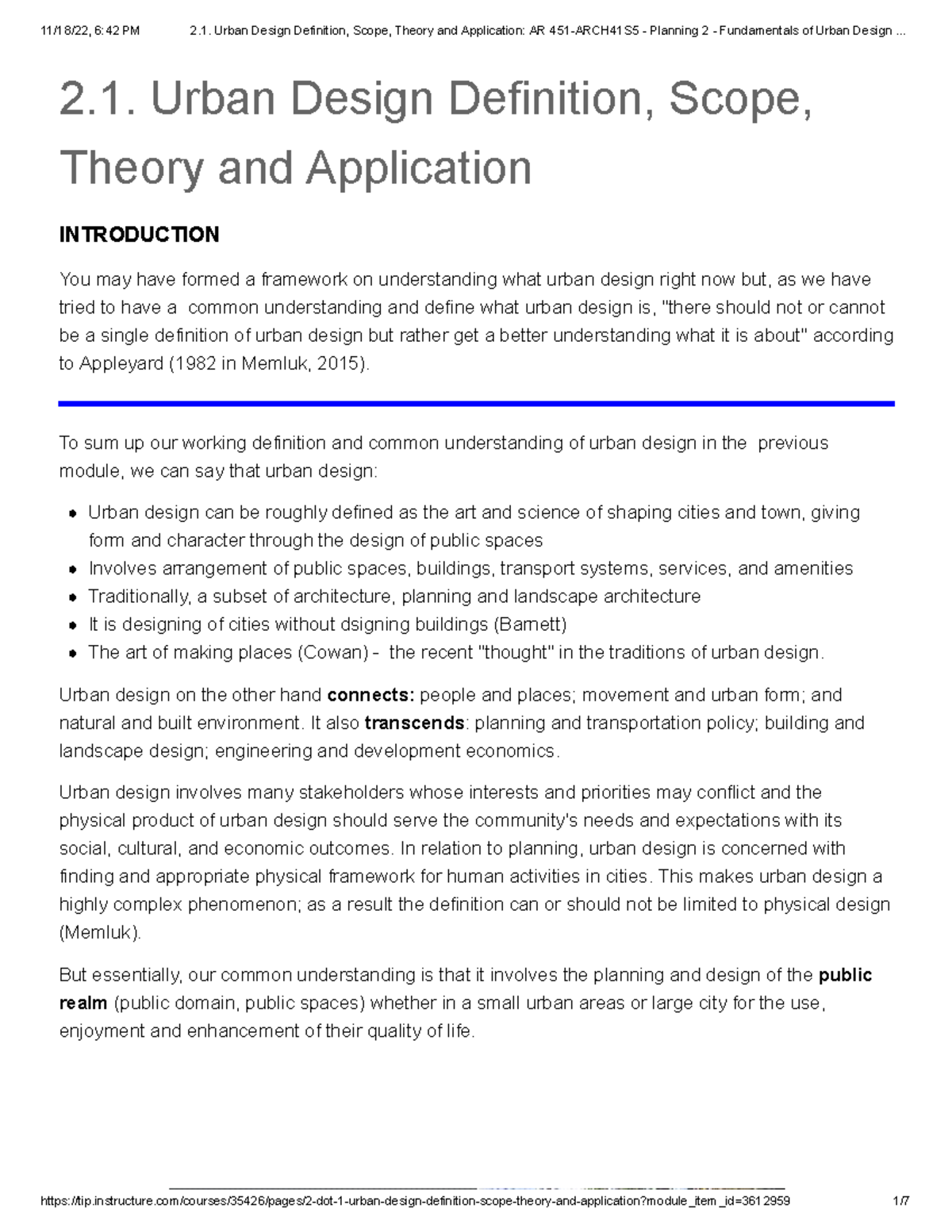 2.1. Urban Design Definition, Scope, Theory and Application AR 451