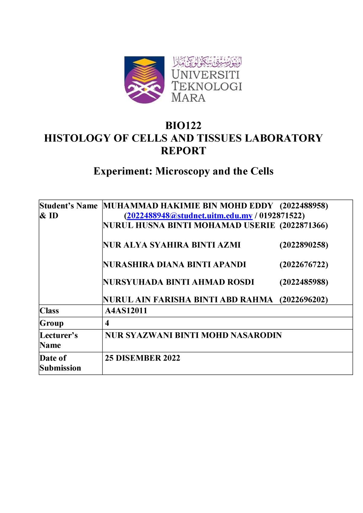 FINAL LAB Report BIO122 (EXPERIMENT 1) - BIO HISTOLOGY OF CELLS AND ...