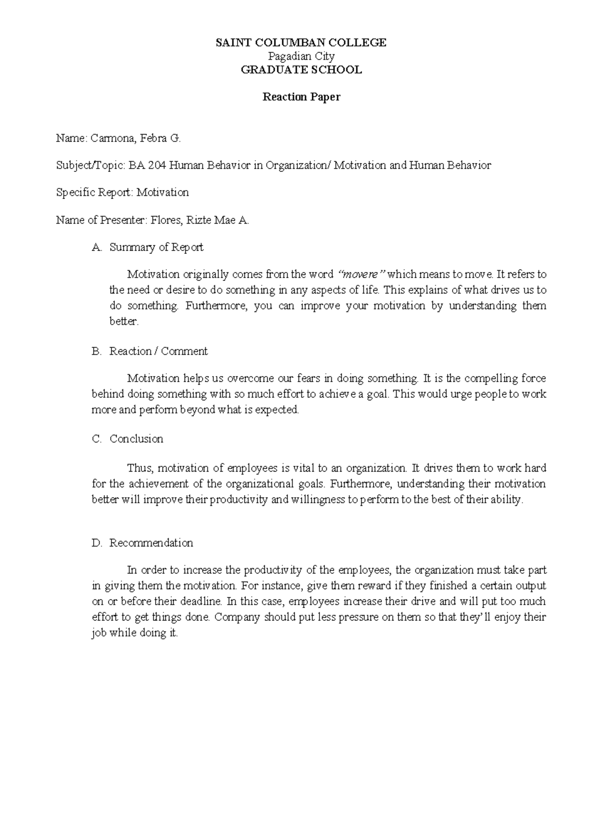 Reaction Papers (15) - 204 Human Behavior in Organization - SAINT ...
