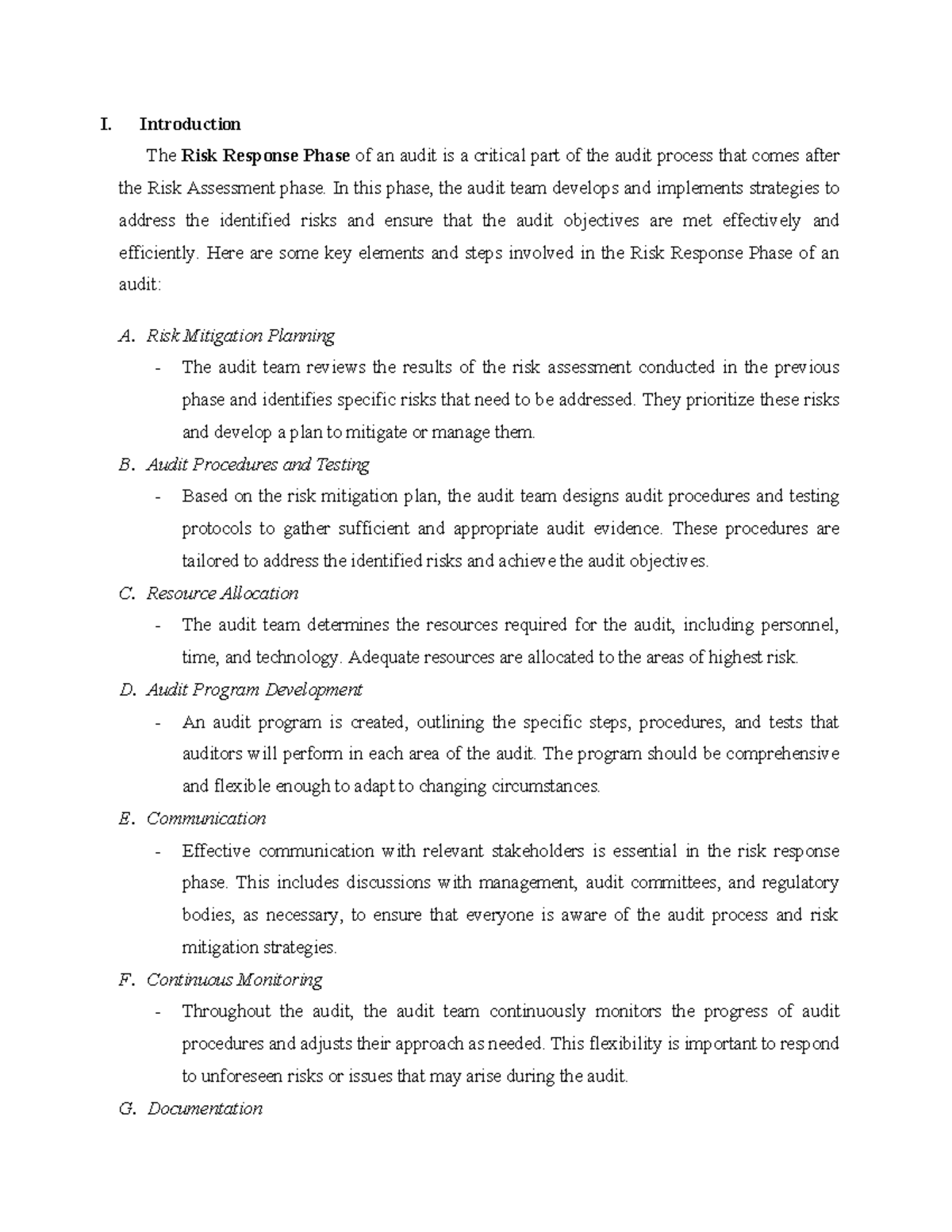 Risk Response Part 1 - I. Introduction The Risk Response Phase of an ...