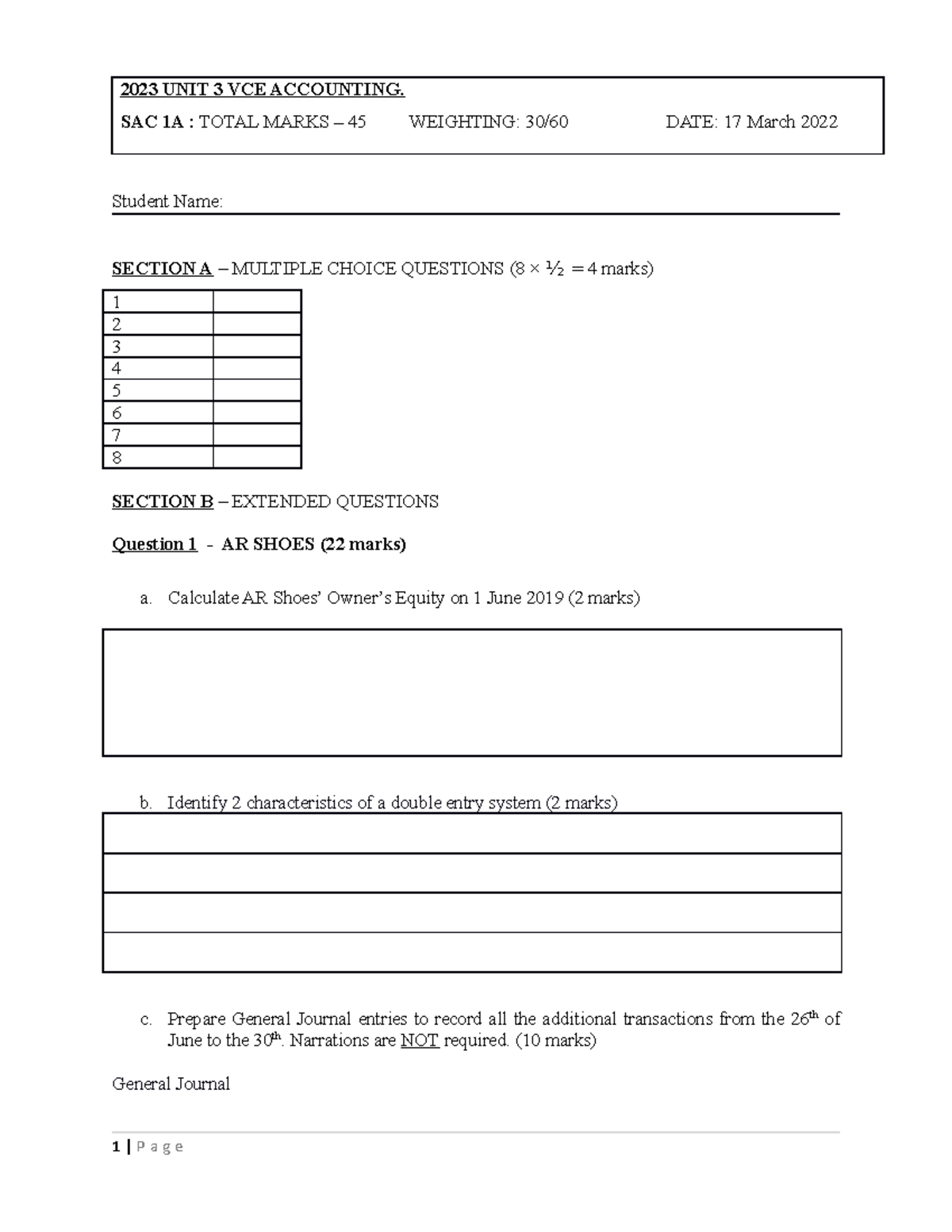 2023 Unit 3 1A Practice SAC Answer BOOK 2023 UNIT 3 VCE