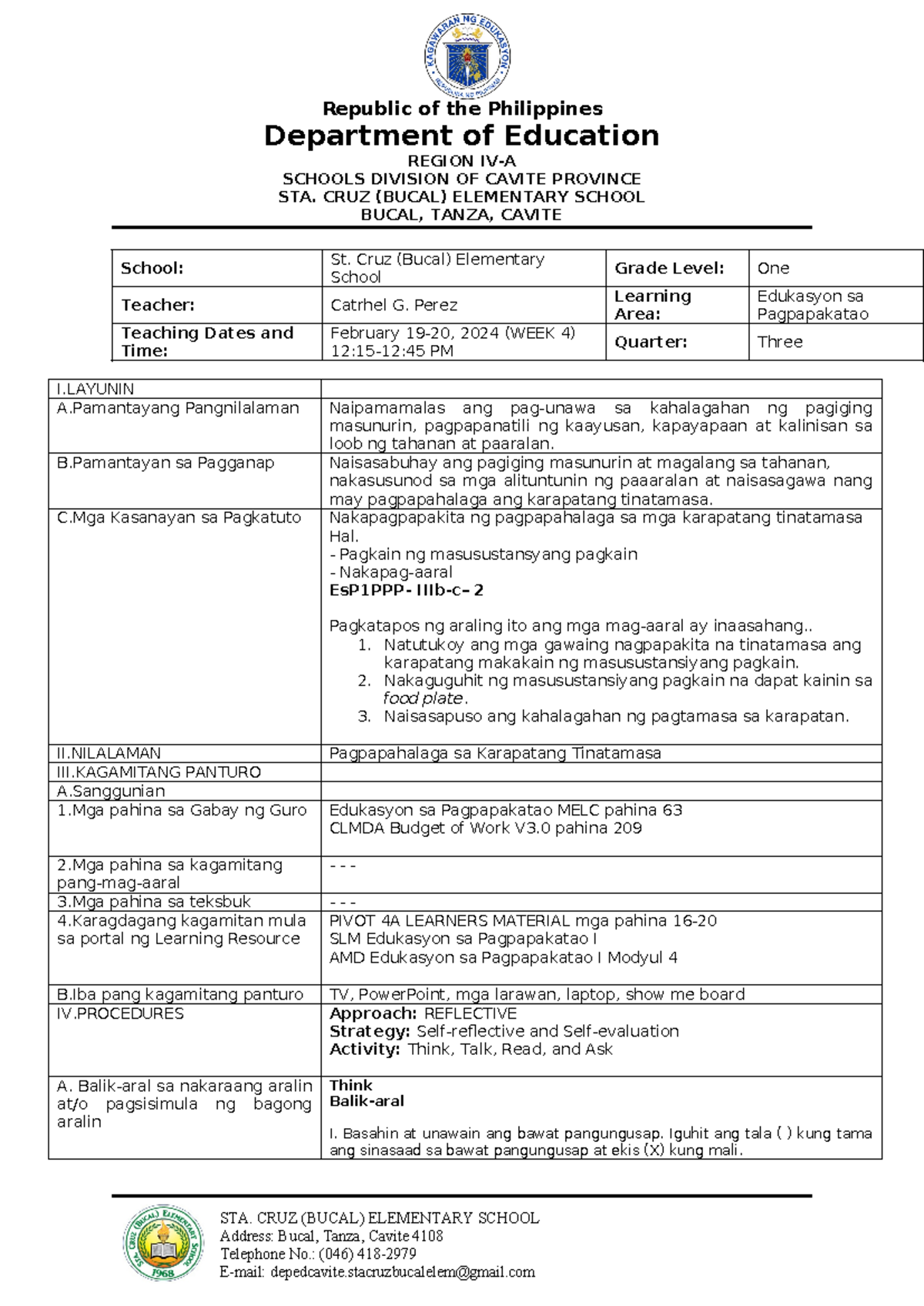 Q3-week-4-esp 1 - Daily Lesson Plan In Esp 1 - Sta. Cruz (bucal 