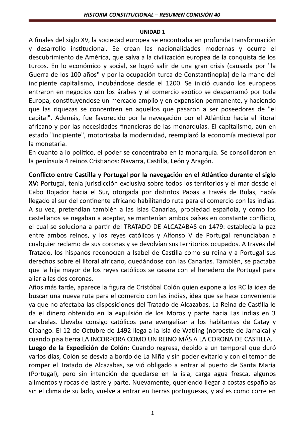 Impreso - Unidad 1 Resumen Historia Comisión 40 - UNIDAD 1 A finales ...