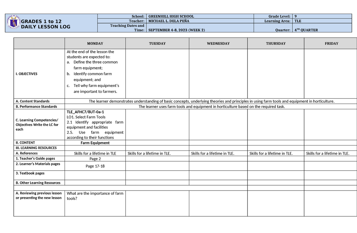 W2 - tle - GRADES 1 to 12 DAILY LESSON LOG School: GREENHILL HIGH ...