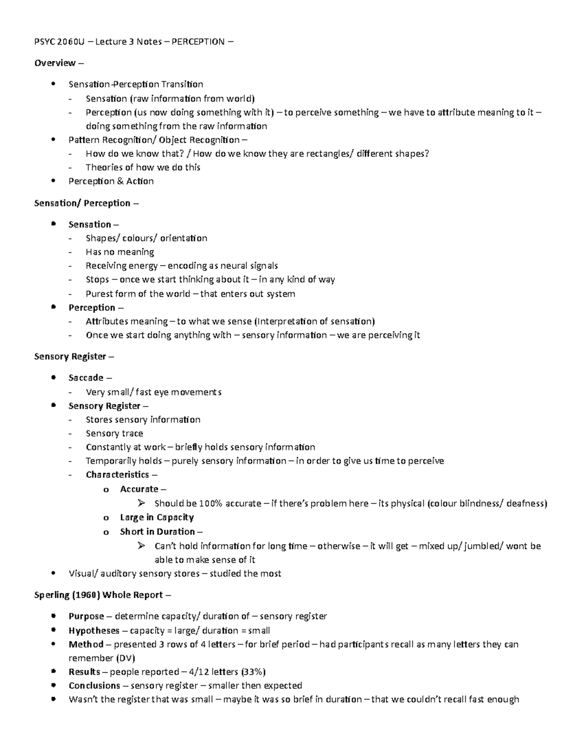 Lecture 3 Notes - PSYC 2060U – Lecture 3 Notes – PERCEPTION – Overview ...