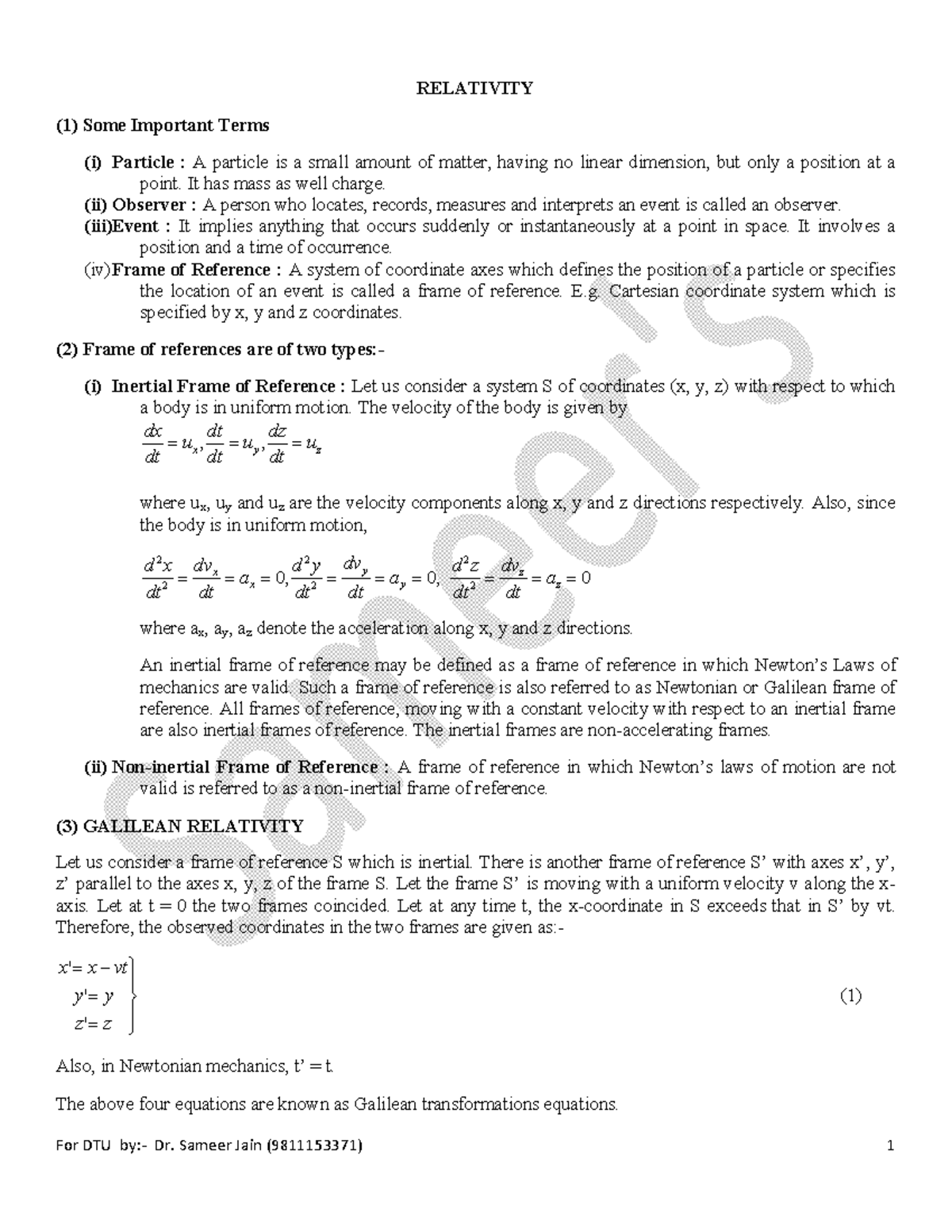 Relativity 2 - RELATIVITY (1) Some Important Terms (i) Particle : A ...