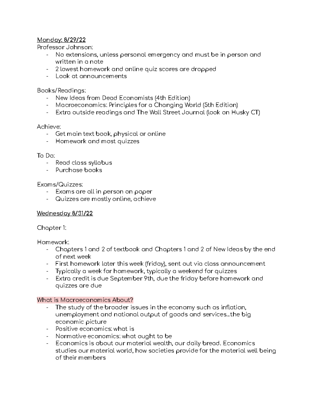 Week 1 Principles of Macroeconomics - Monday: 8/29/ Professor Johnson ...