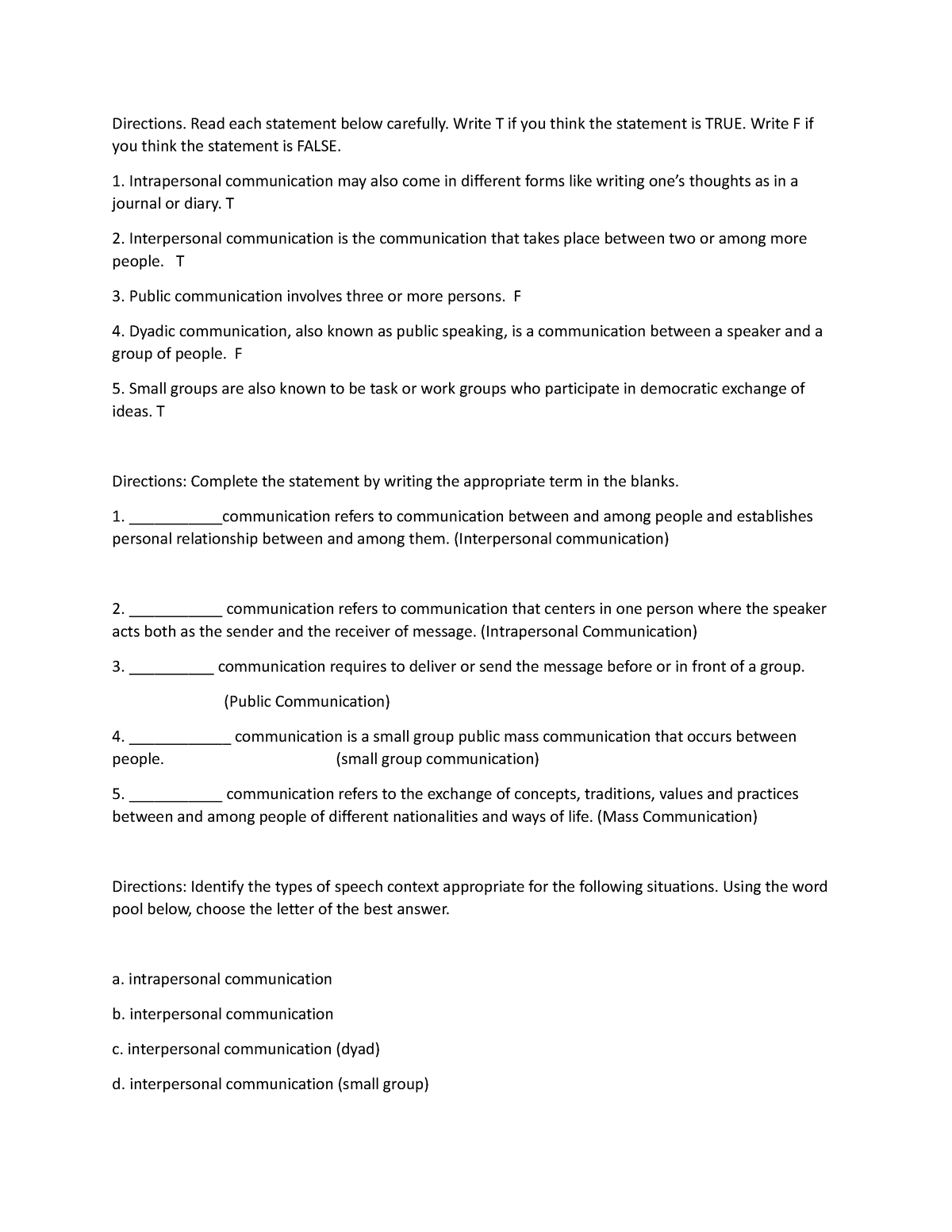 Oral Communication Summative Exam - Directions. Read each statement ...