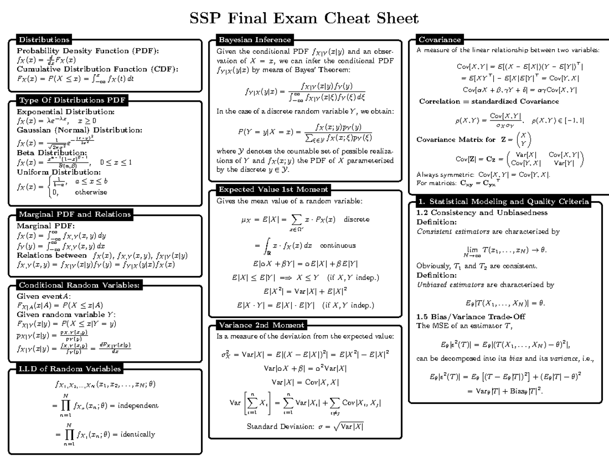 SSP Final Cheet Sheet - SSP Final Exam Cheat Sheet Probability Density ...