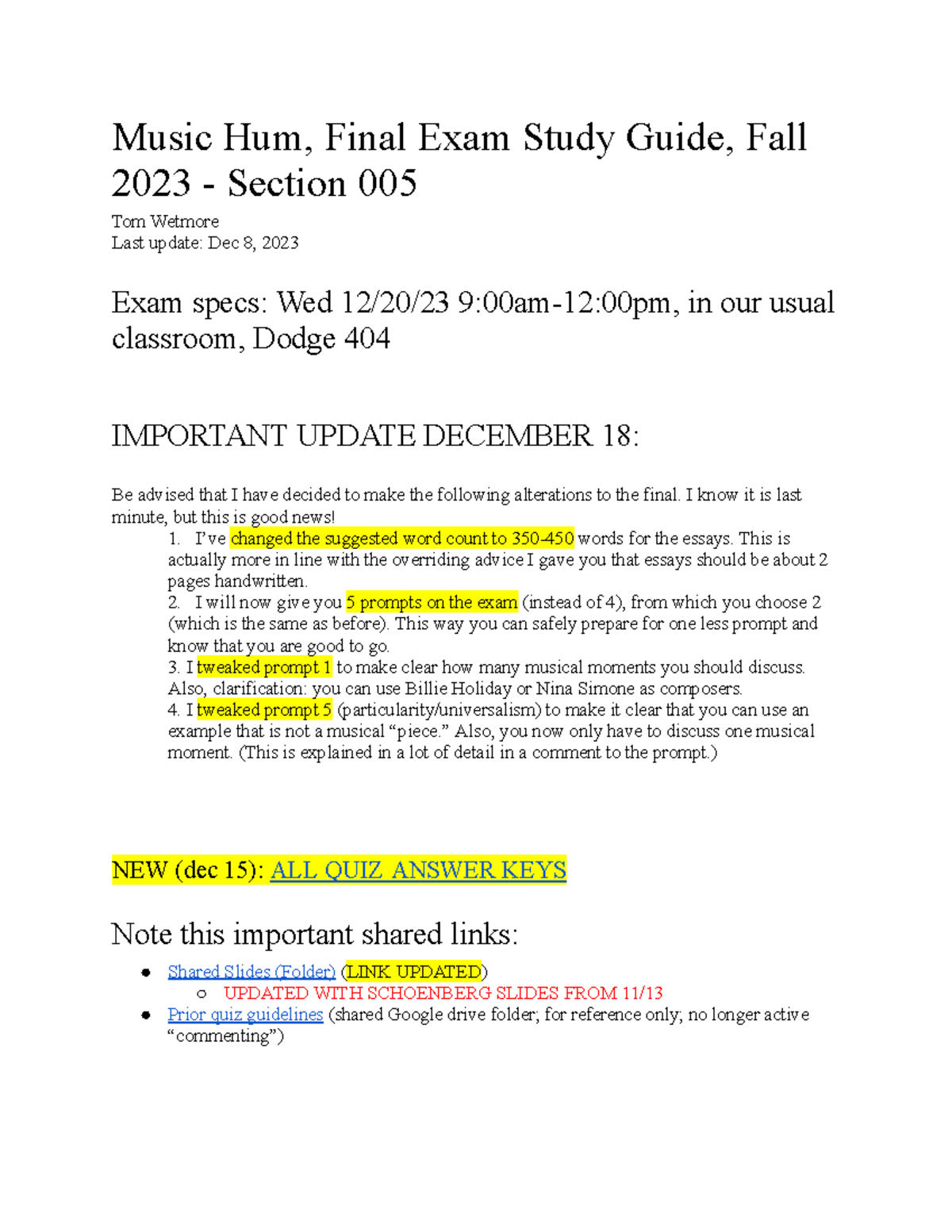Final Exam, Music Hum 2023F, Study Guidelines, Sec 005 Music Hum, Final Exam Study Guide, Fall