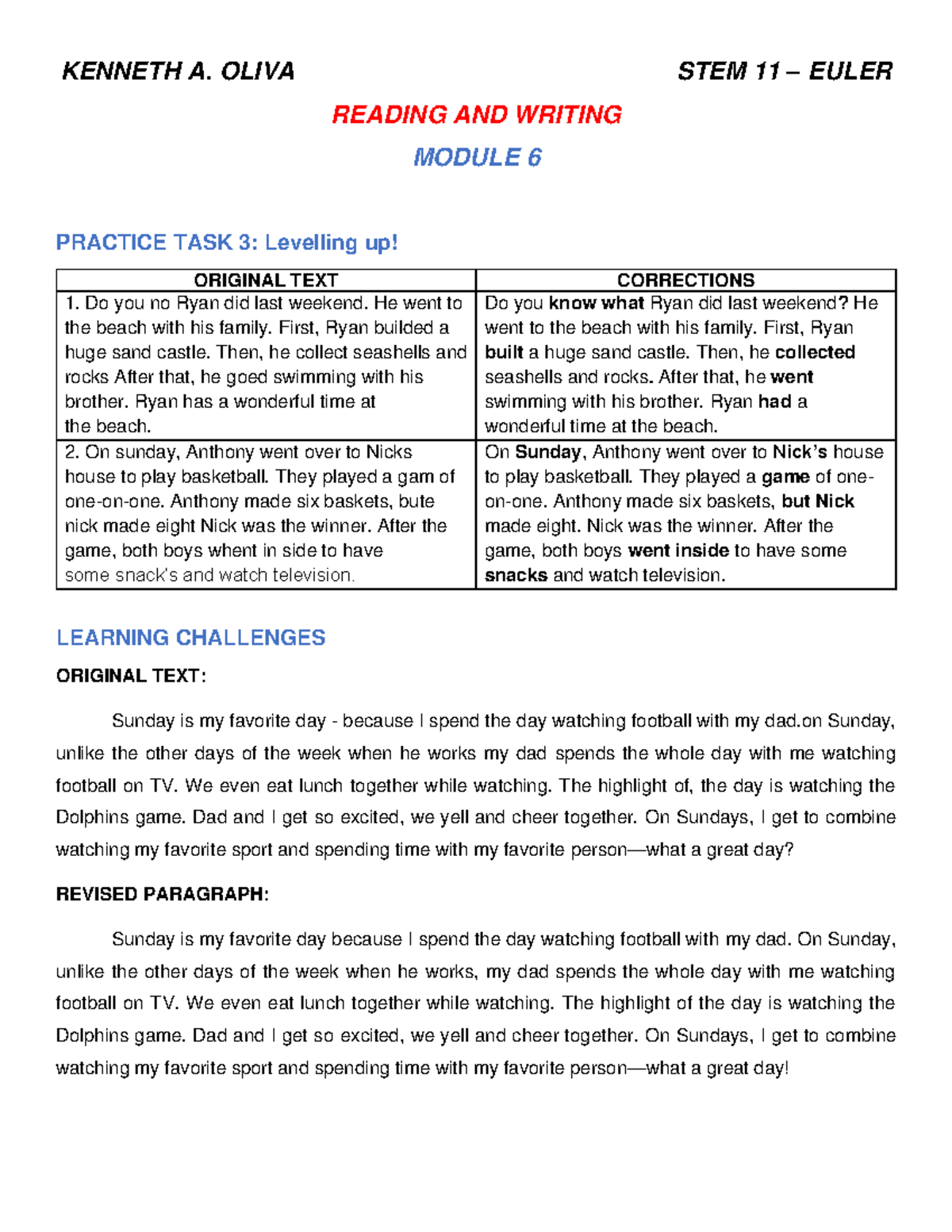 Reading AND Writing M6 A. OLIVA STEM 11 EULER READING AND