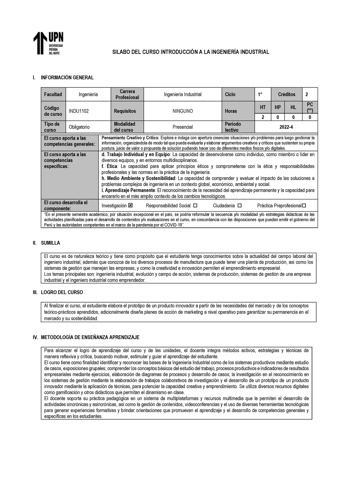 Silabo Introd Ingenieria 2022-4 - SILABO DEL CURSO INTRODUCCI”N A LA ...