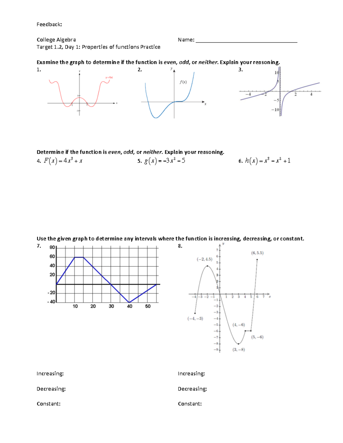 Target 1.2 Day 1 - vbnm - Feedback: College Algebra Name