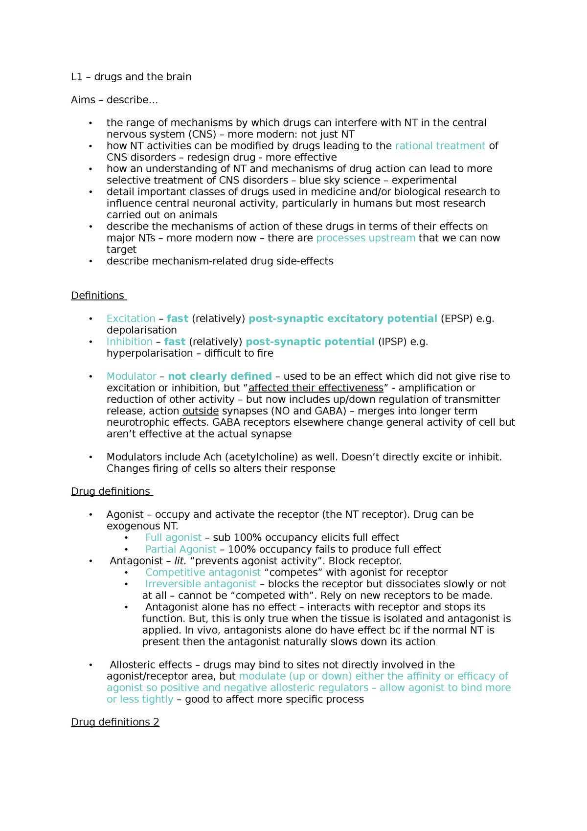 L1 - DRUGS AND THE BRAIN L1 - L1 – drugs and the brain Aims – describe ...