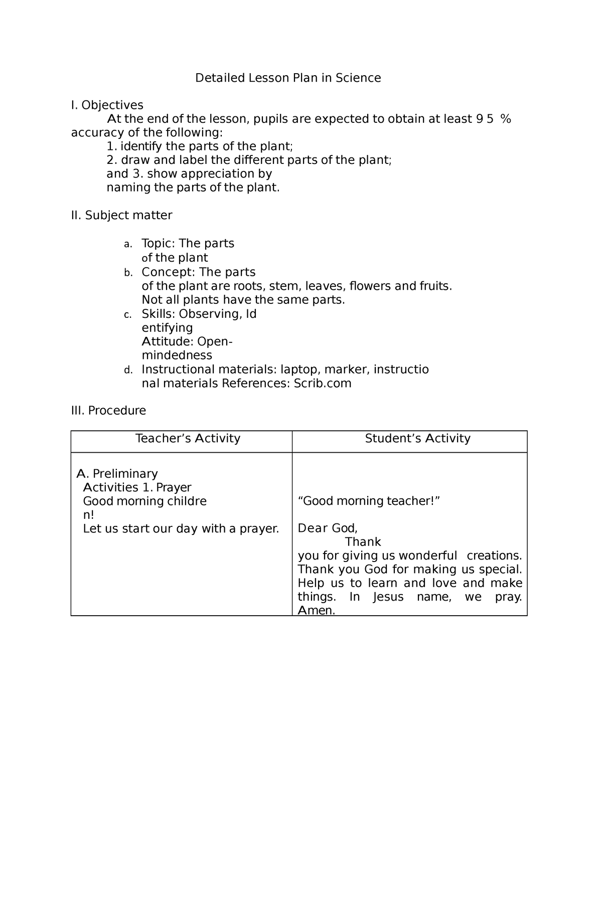 DLP Sci 4. Parts of the Plants Detailed Lesson Plan in Science I