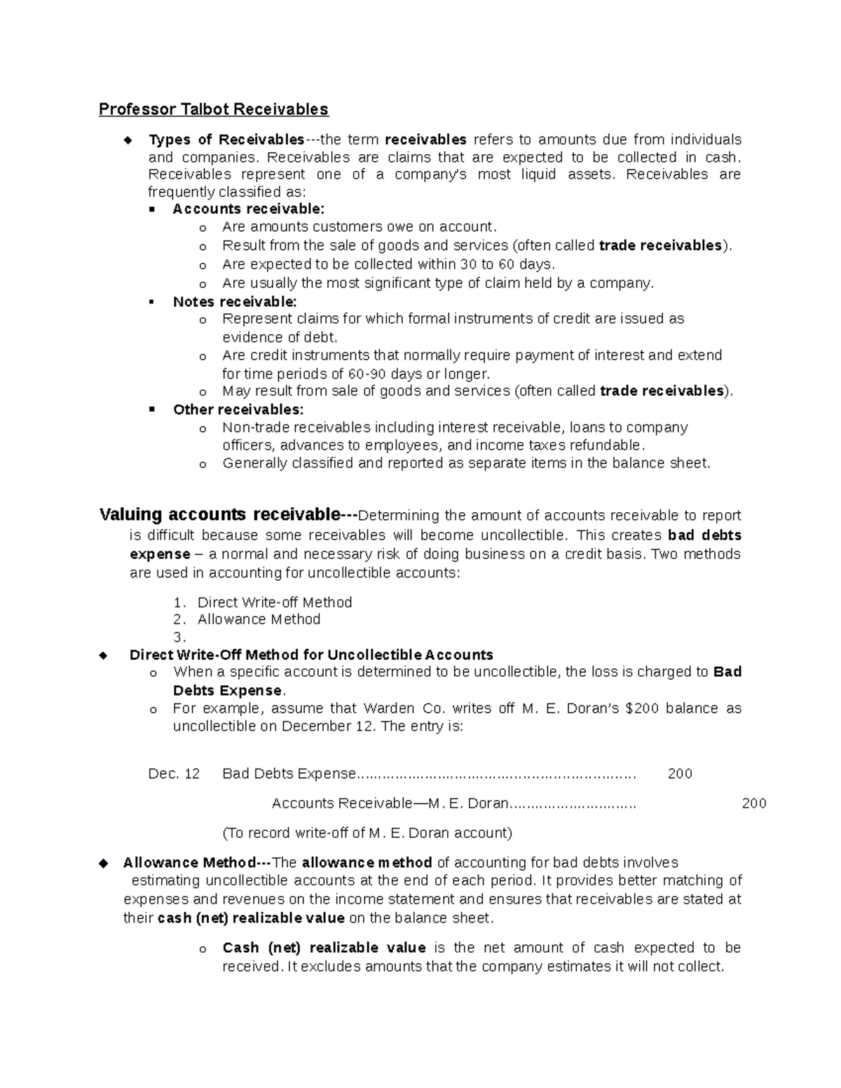 ACCT 221 Notes on Receivables - Professor Talbot Receivables ̈ Types of ...