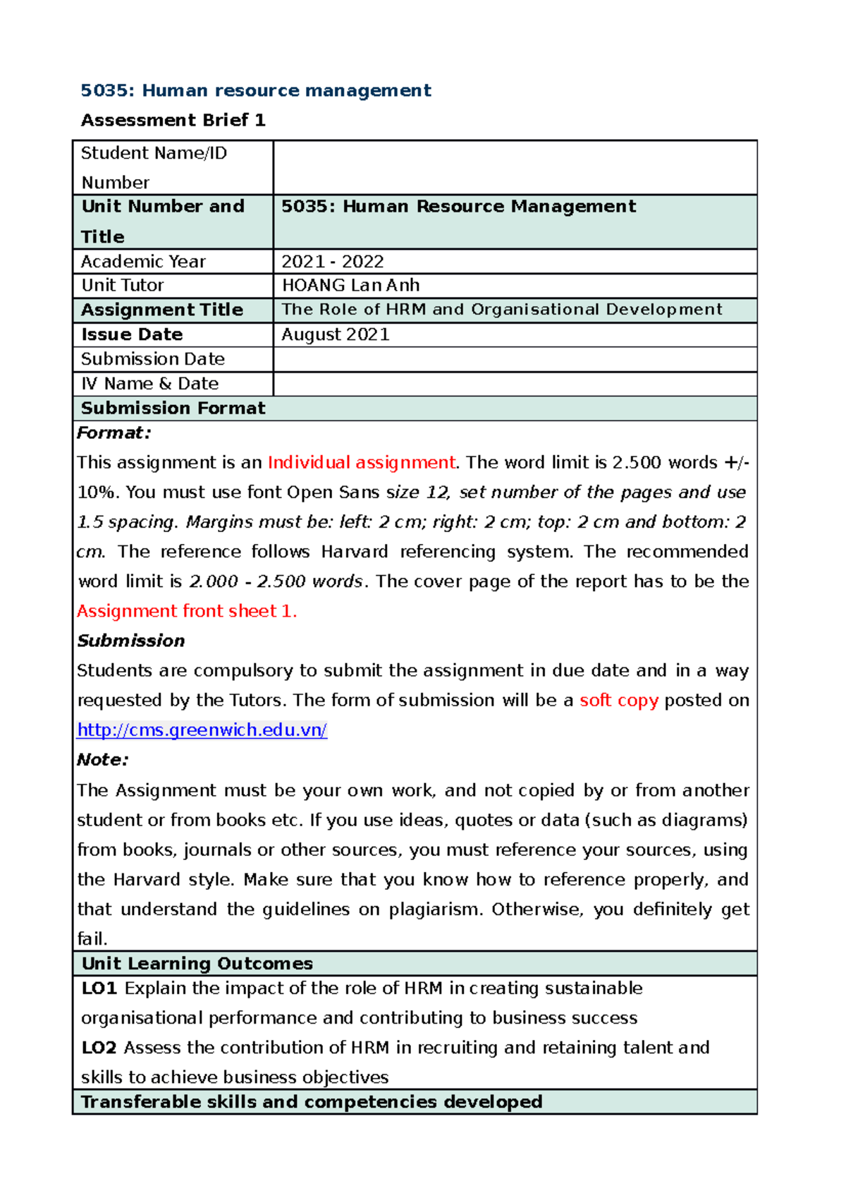 5035. Assignment brief 1 (Ver - 5035: Human resource management ...