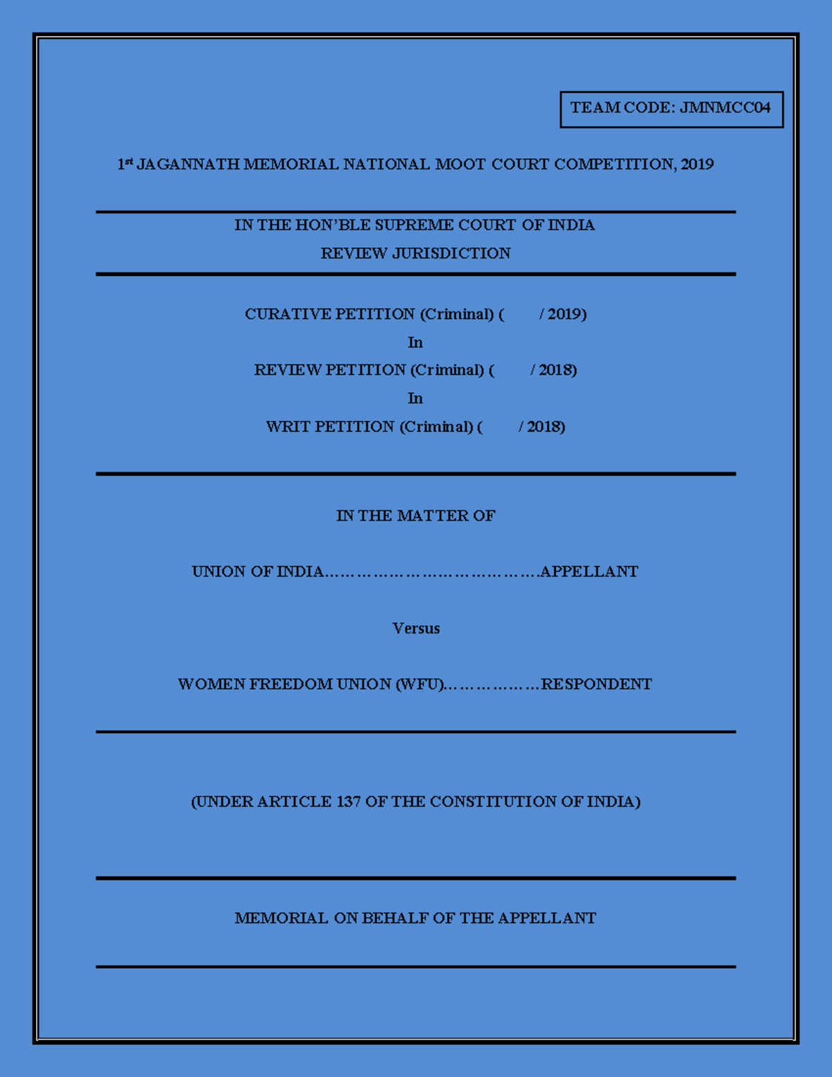 Moot court Memorial on behalf of appellant - Criminal Law - StuDocu