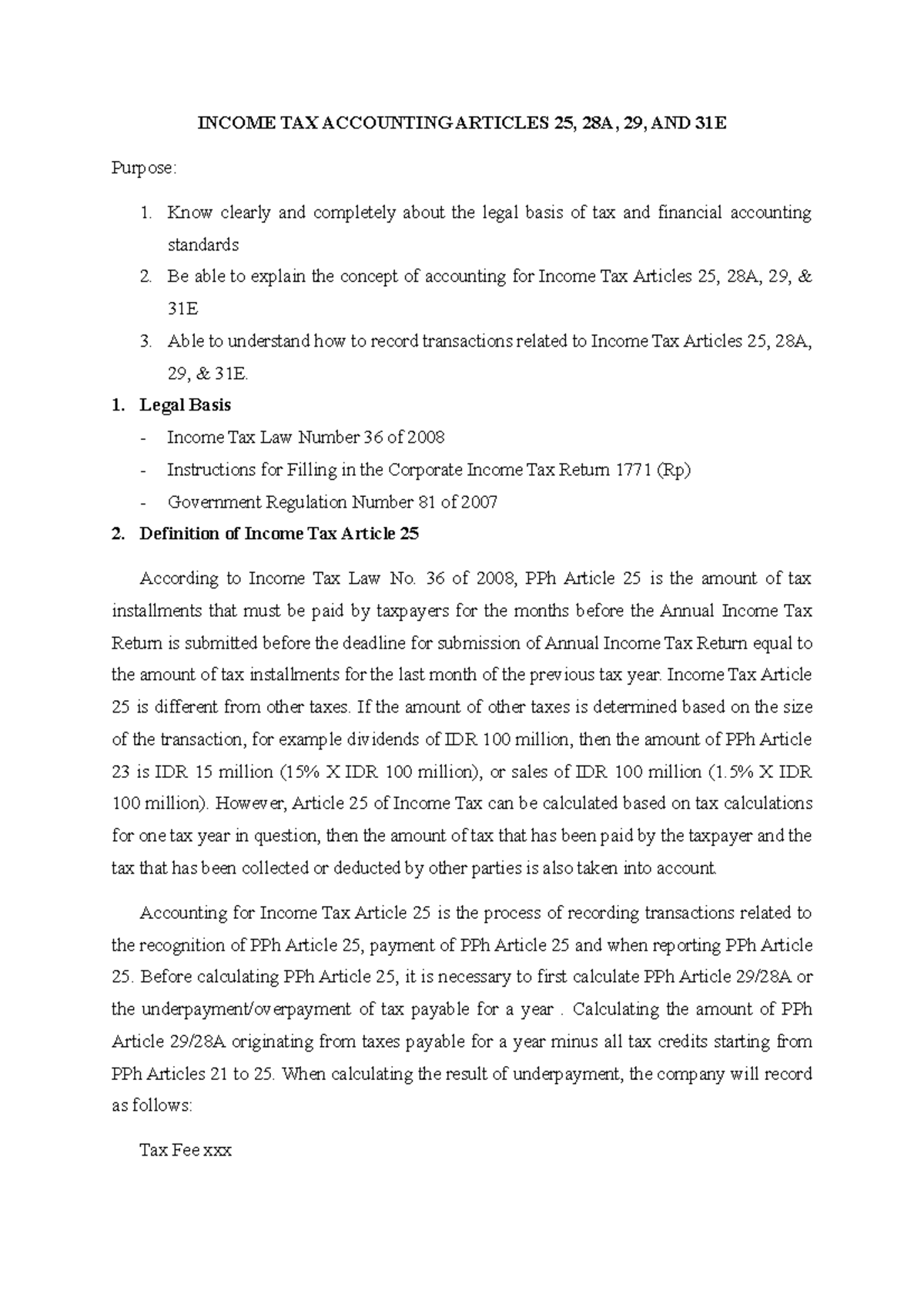 Income TAX Accounting Articles 25, 28A, 29, AND 31E - INCOME TAX ...