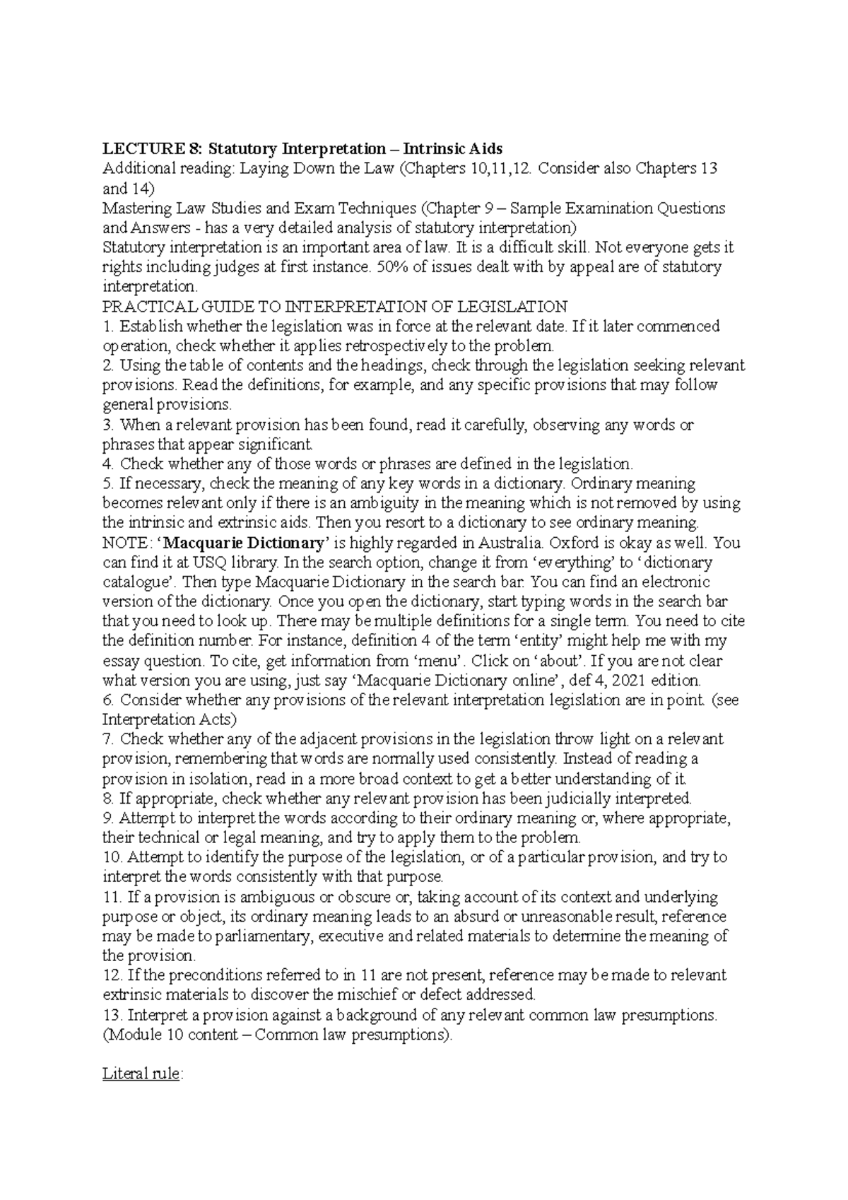 LAW1111 Australian Legal System IV LECTURE 8 Statutory Interpretation Intrinsic Aids