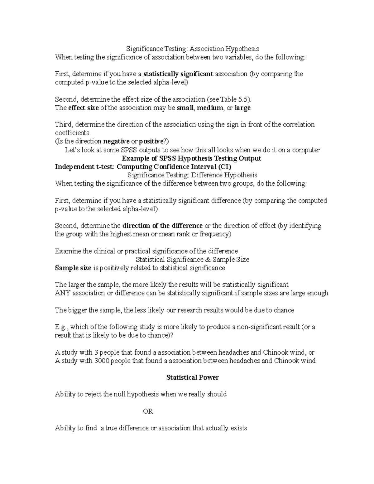Significance Testing - week 5 notes - Significance Testing: Association ...