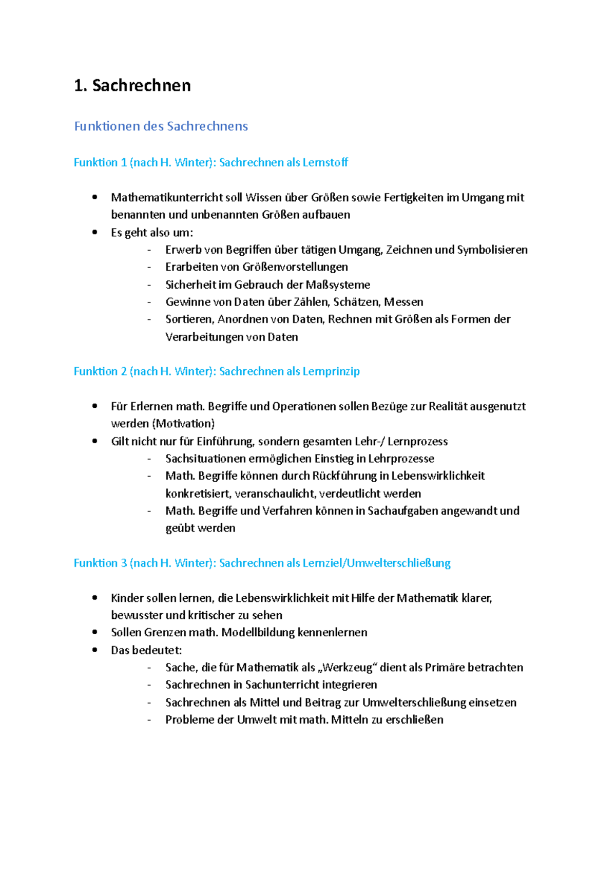 Zusammenfassung Mathedidaktik - 1. Sachrechnen Funktionen Des ...