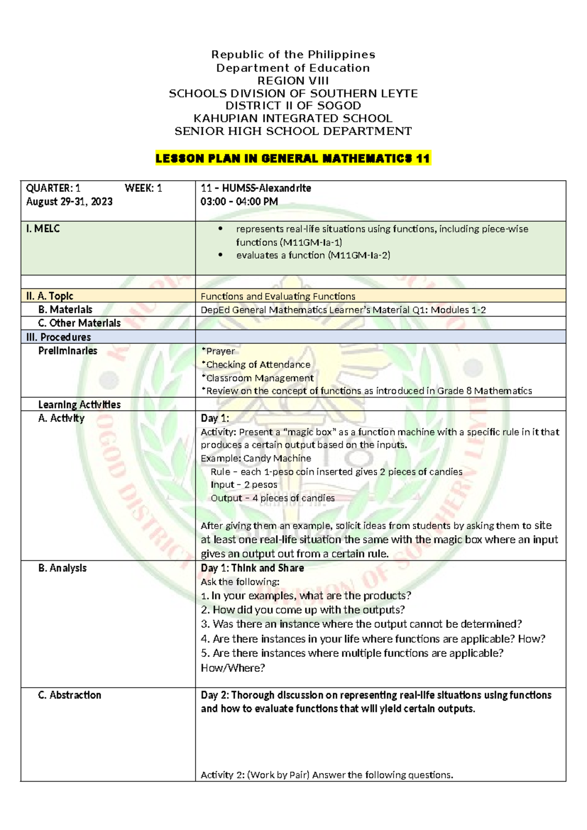 Gen math w1 - Republic of the Philippines Department of Education ...