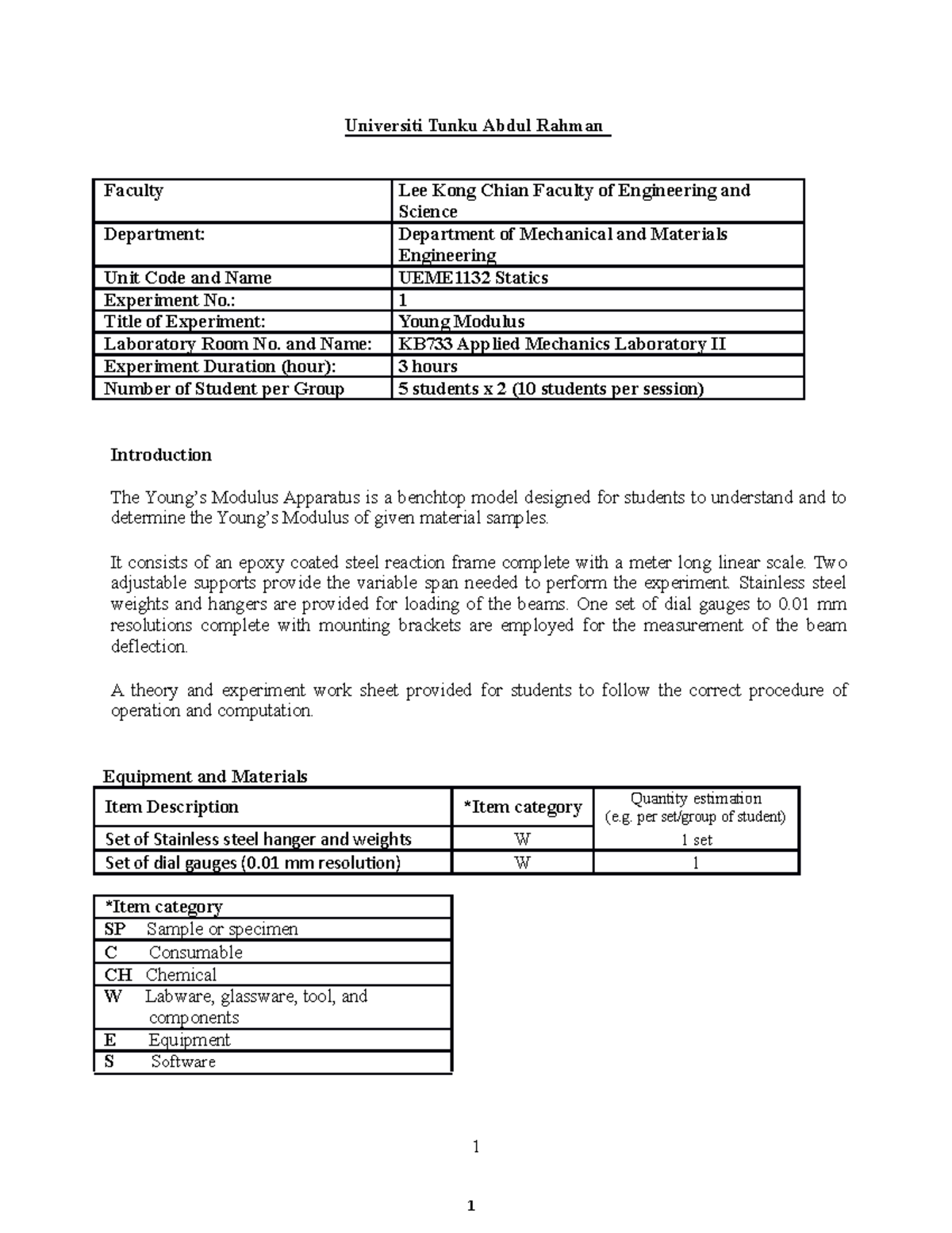 Statics Young Modulus Lab Report Universiti Tunku Abdul Rahman Faculty Lee Kong Chian Faculty