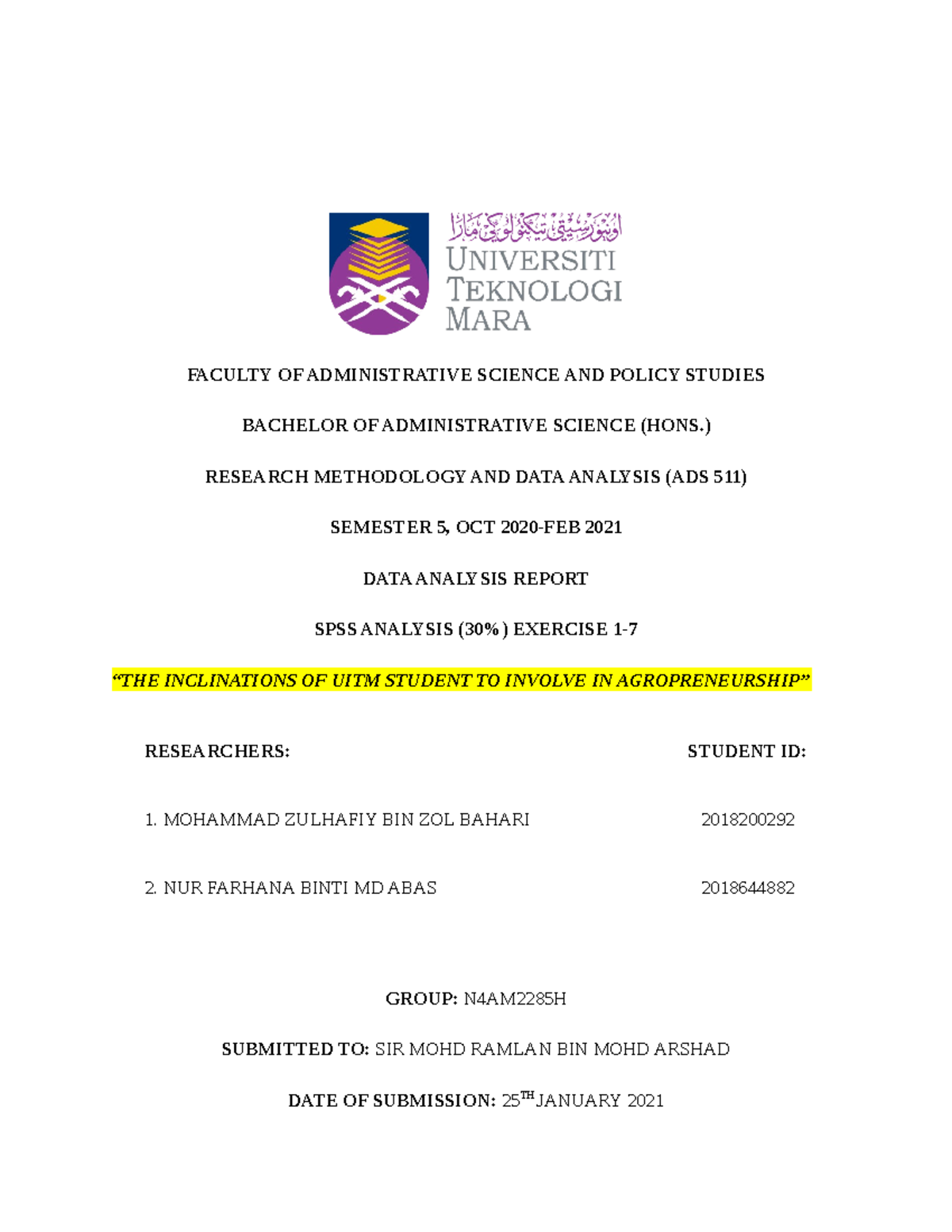 ADS511 DATA Analysis SPSS Exercise 1 7 WEEK 14 - FACULTY OF ...