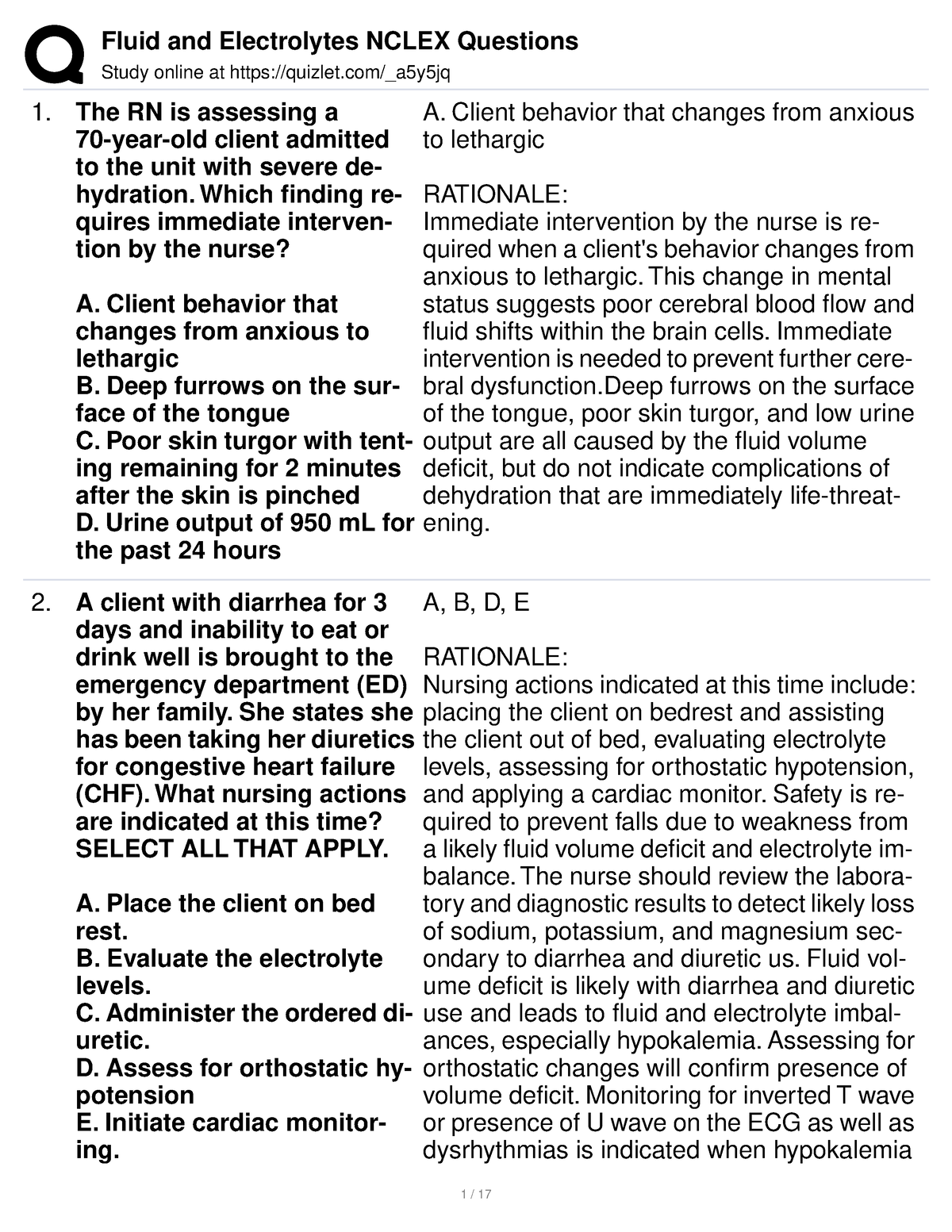 Fluid AND Electrolyte practice questions and answers Study online at