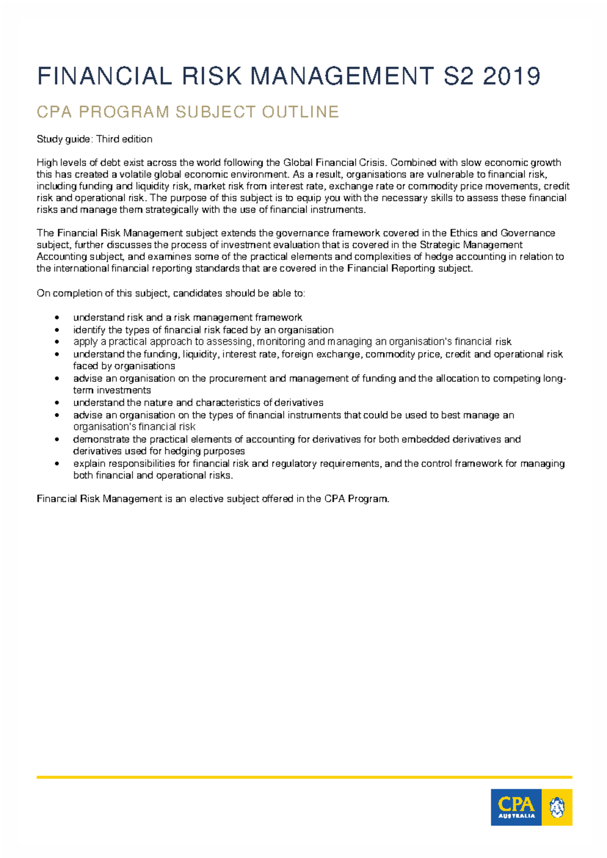 Subject outline financial risk management - FINANCIAL RISK MANAGEMENT ...