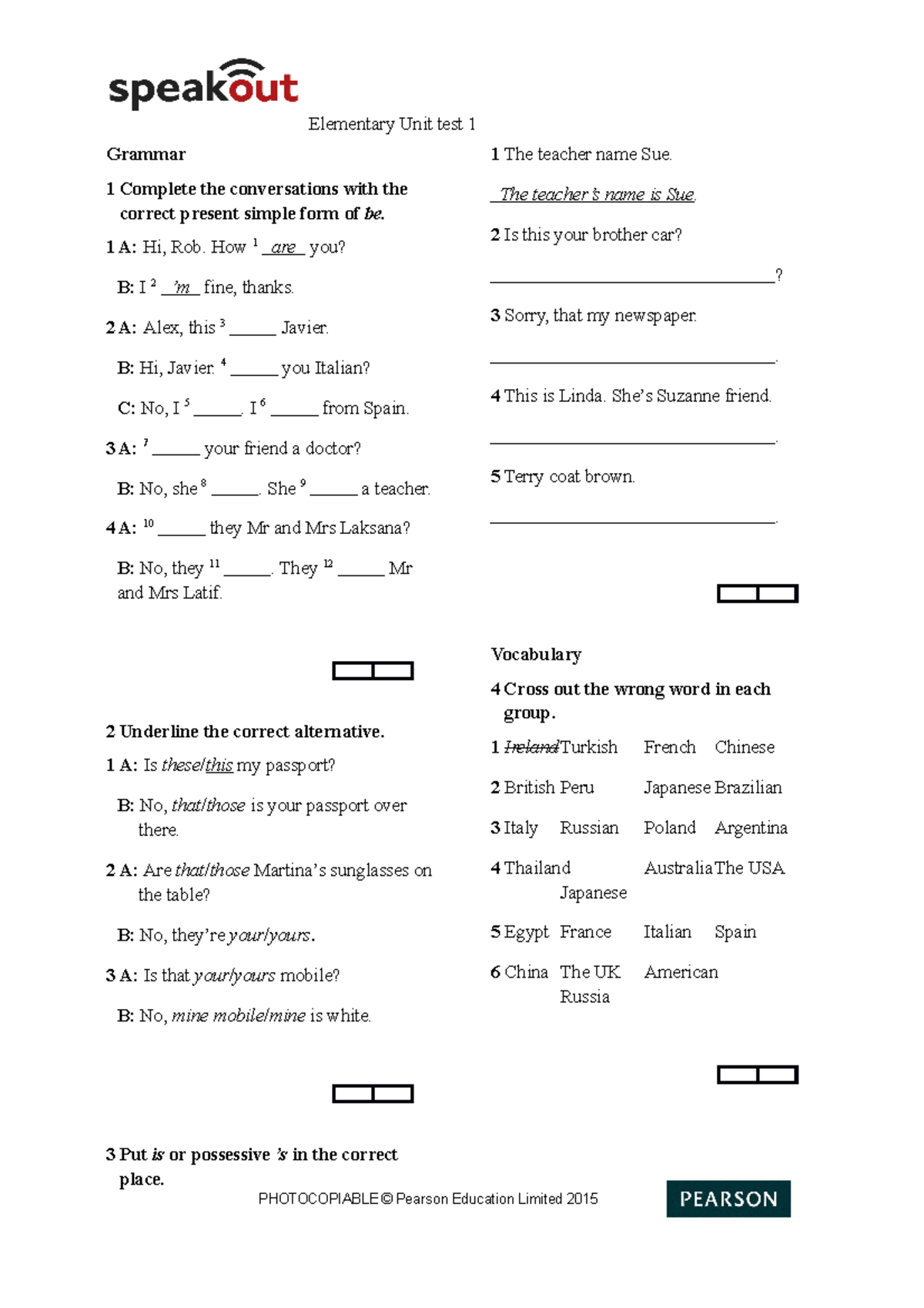 02. SO2nd Ed Elem Unittest 1 - Elementary Unit test 1 Grammar 1 ...