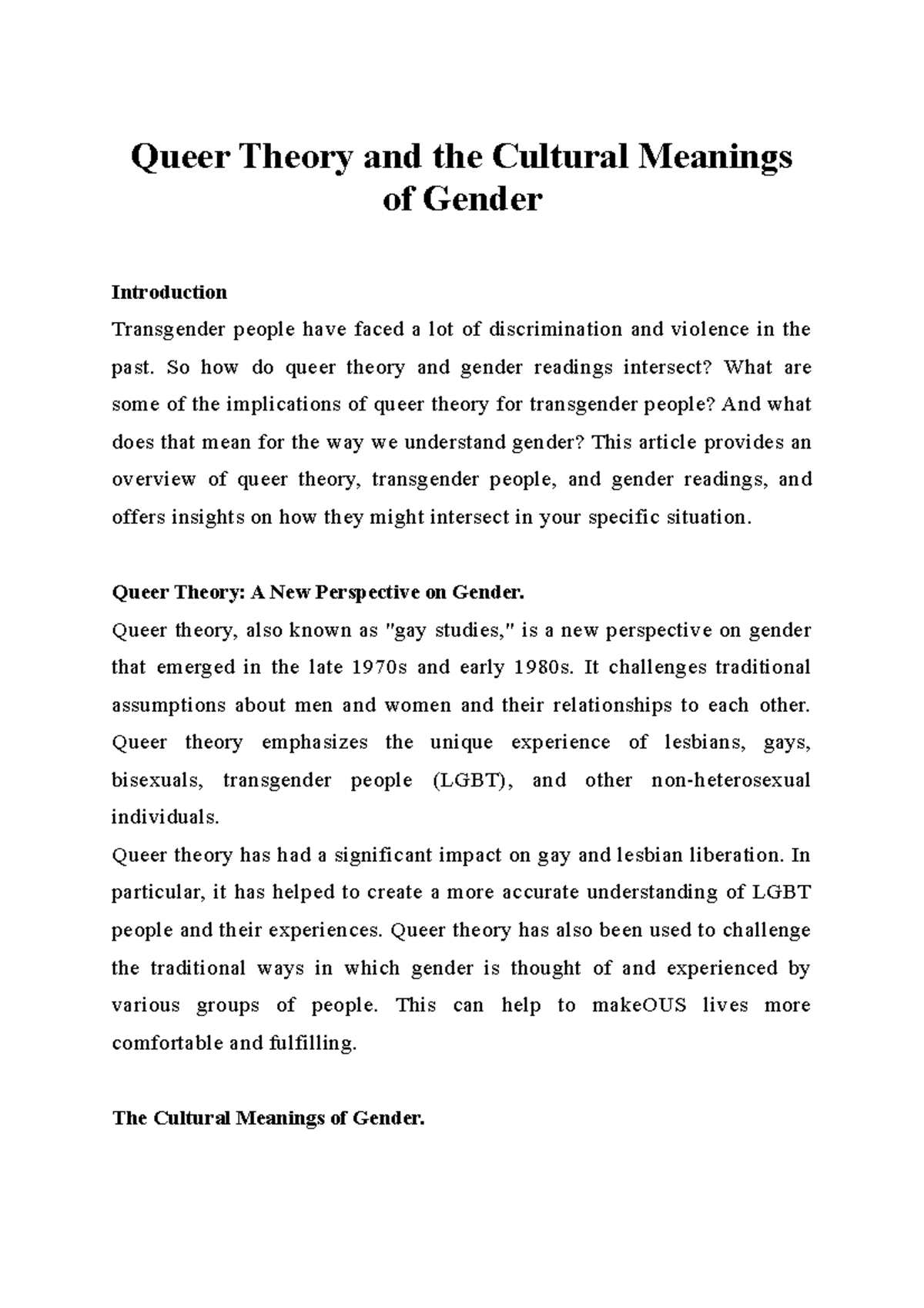 Queer Theory and the Cultural Meanings of Gender Queer Theory and the