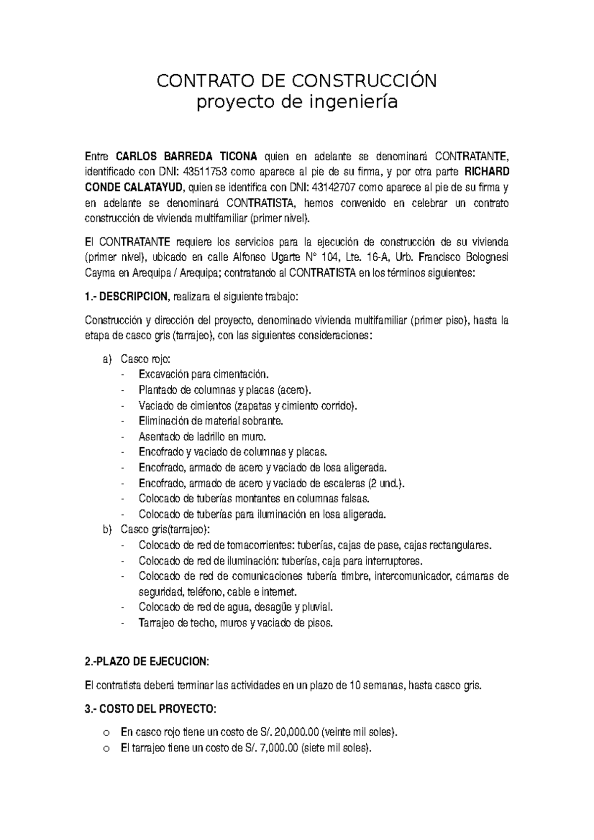 Contrato De Construcción Contrato De ConstrucciÓn Proyecto De Ingeniería Entre Carlos Barreda