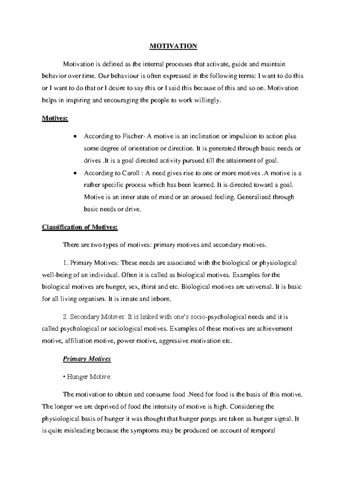 Motivation Notes - note - MOTIVATION Motivation is defined as the ...