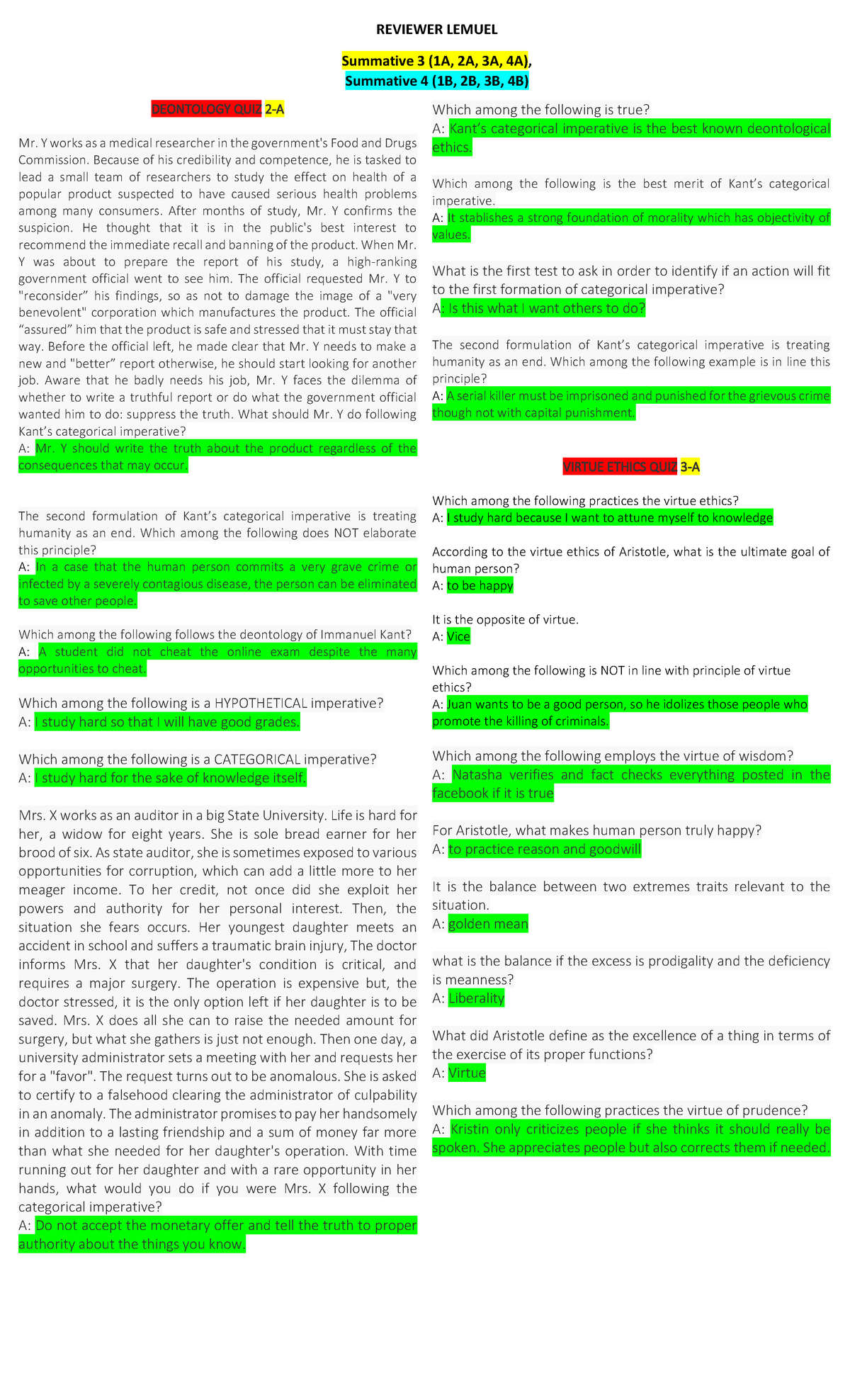 Ethics - Quiz Reviewer (Final Topic) - REVIEWER LEMUEL Summative 3 (1A ...