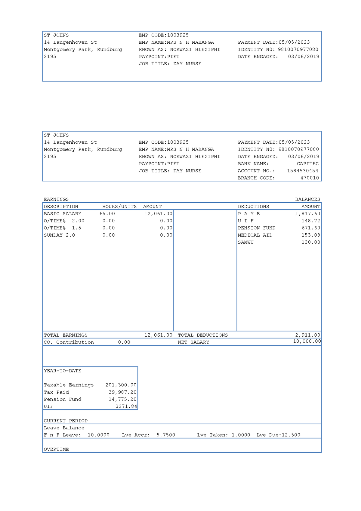 Payslip Formate - St Johns Emp Code: 14 Langenhoven St Emp Name:mrs N H 