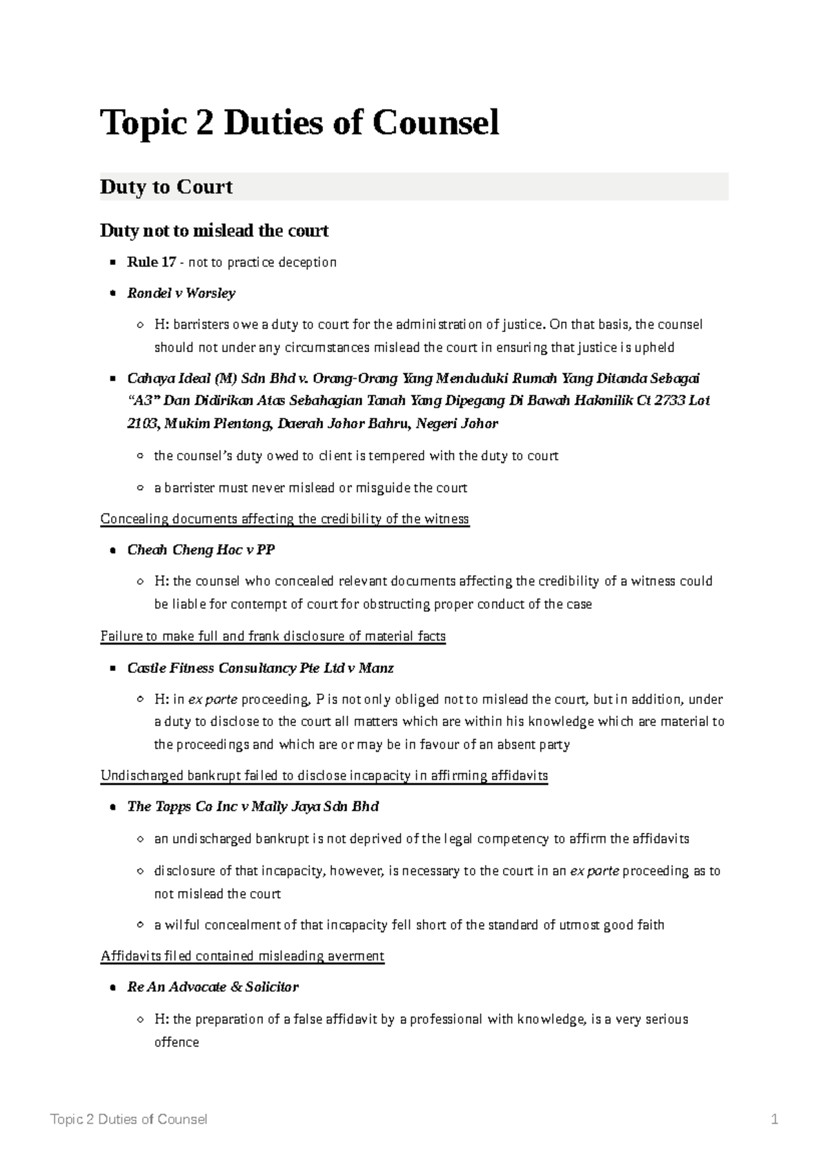 Topic 2 Duties of Counsel Topic 2 Duties of Counsel Duty to Court