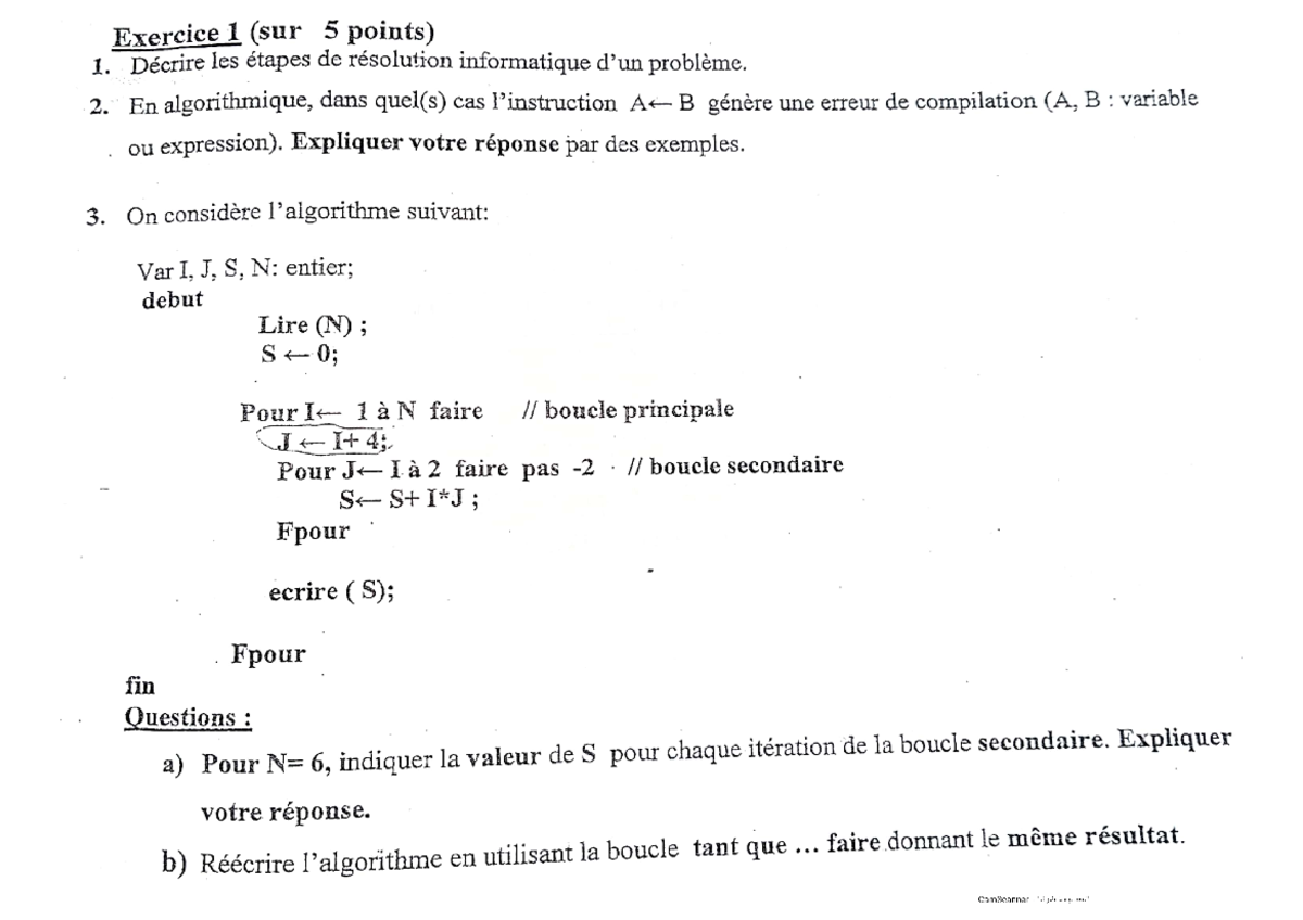Exercise de algorithme 1 - Algorithmique - Studocu