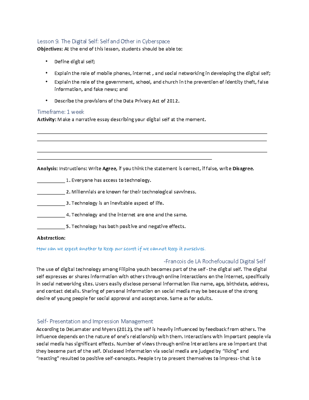 Lesson 9 Digital Self - notes - Lesson 9. The Digital Self: Self and ...