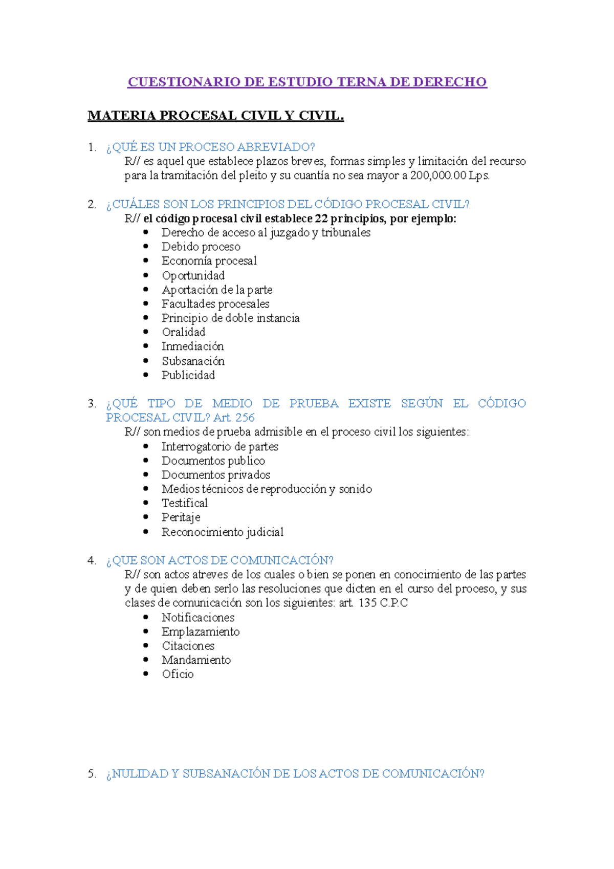 Materia Procesal Civil - CUESTIONARIO DE ESTUDIO TERNA DE DERECHO ...