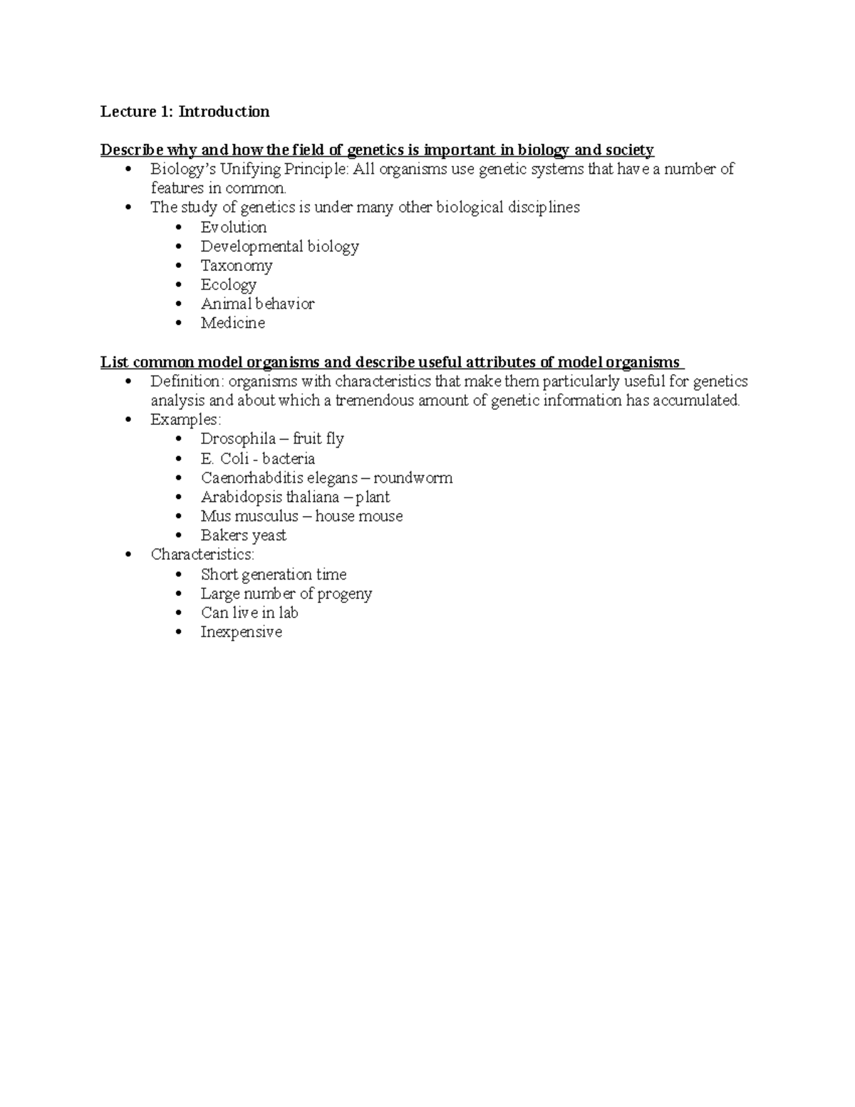 Genetics Exam 1 Objectives - Lecture 1: Introduction Describe why and ...