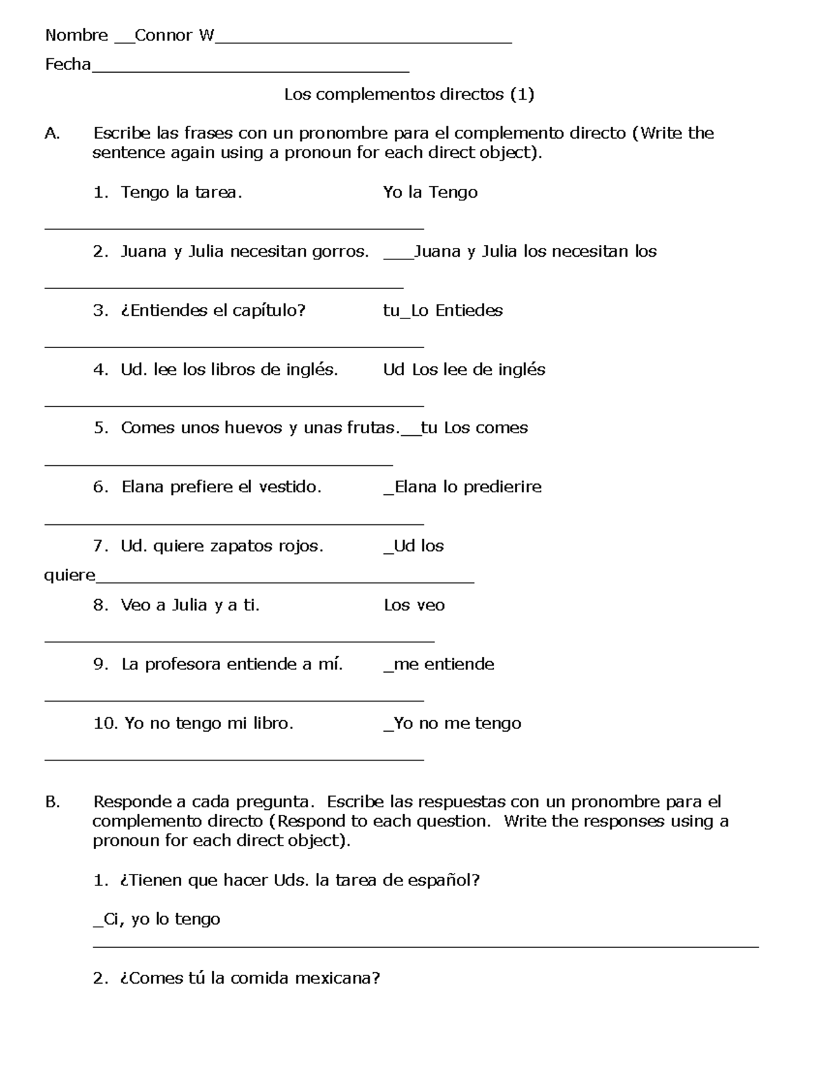 Direct Object Pronouns Practice - StuDocu