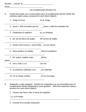 Direct Object Pronouns Practice - StuDocu