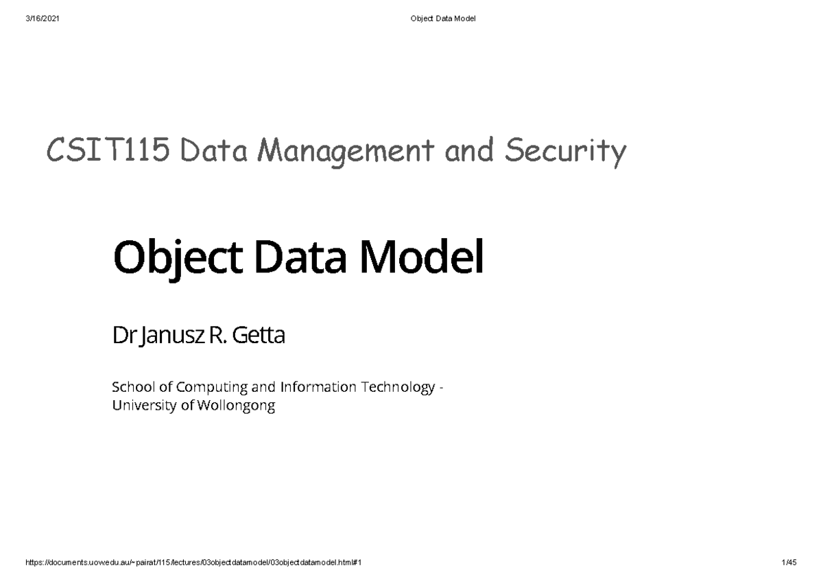 Object Data Model of Database design and management. - CSIT115 Data ...