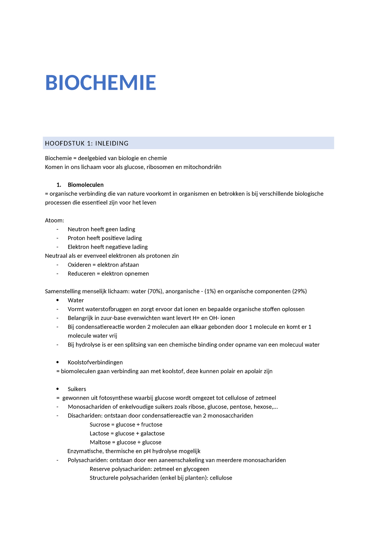 Biochemie Samenvatting - BIOCHEMIE HOOFDSTUK 1: INLEIDING Biochemie ...